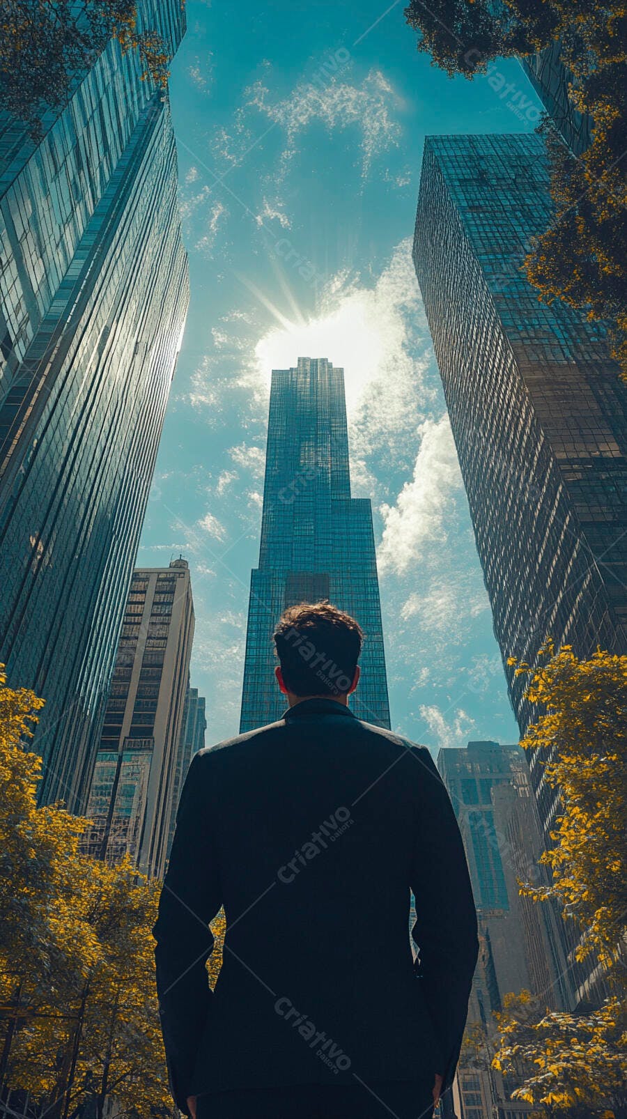 Homem de negócios olhando arranha-céus de vidro azuis em cidade ensolarada
