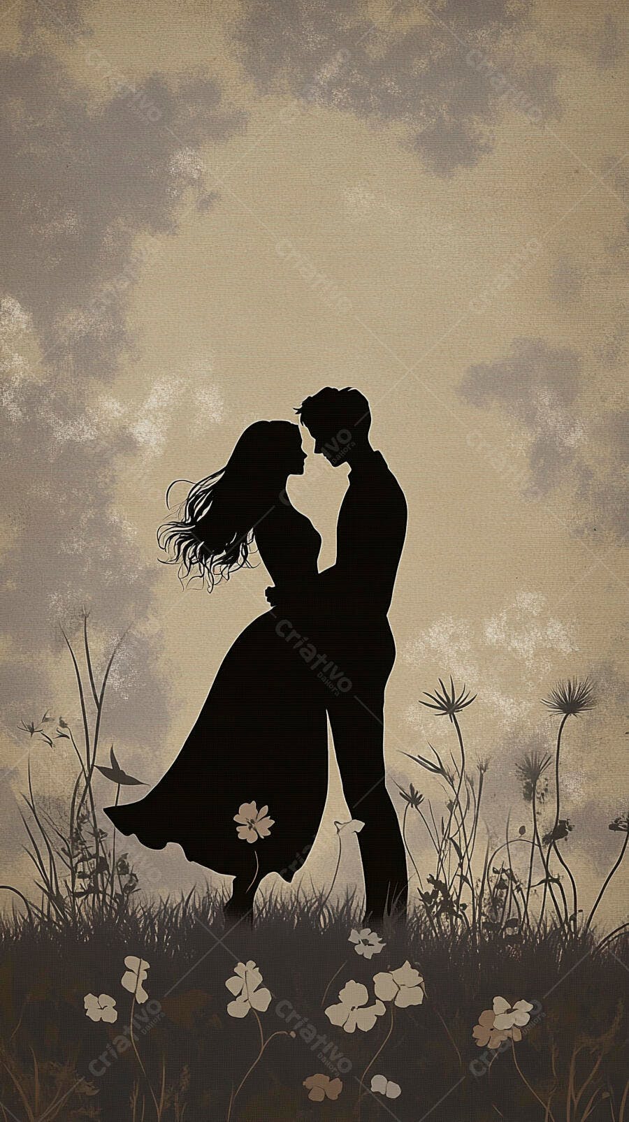 Casal abraçado silhueta campo com flores céu nublado romance