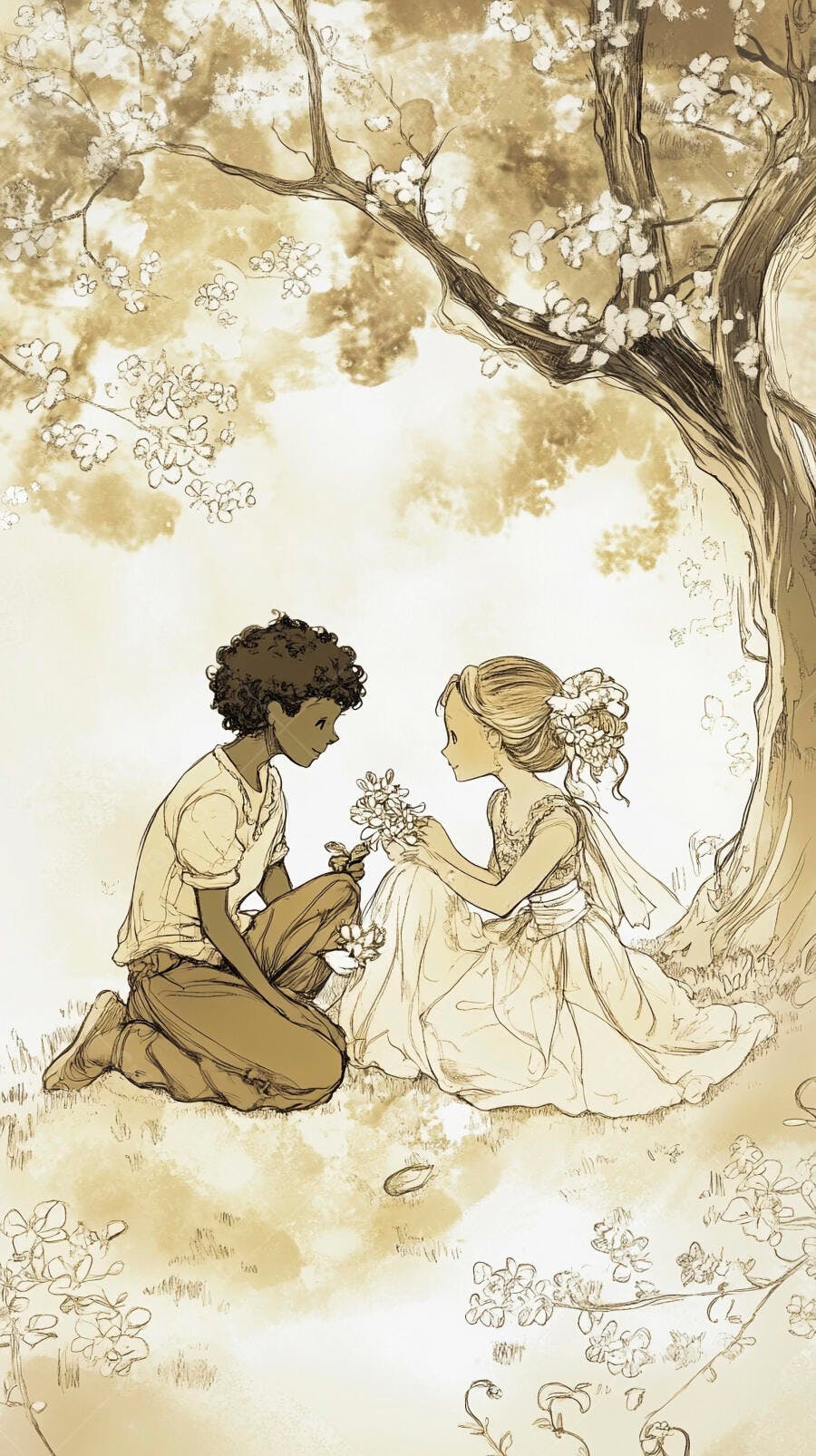 Crianças multiétnicas sentadas sob árvore florida em ilustração sépia
