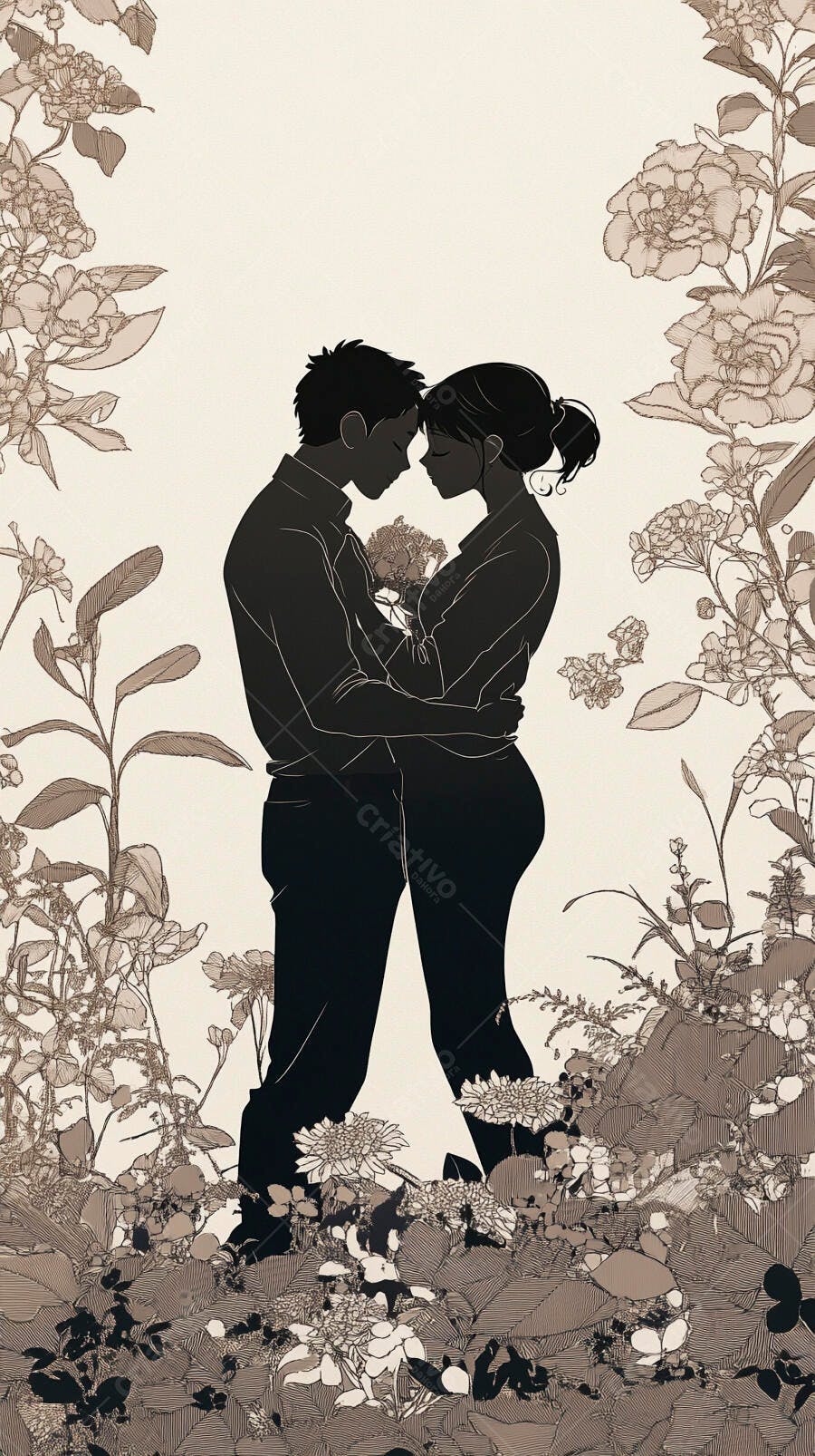 Casal apaixonado abraçado entre flores em ilustração romântica
