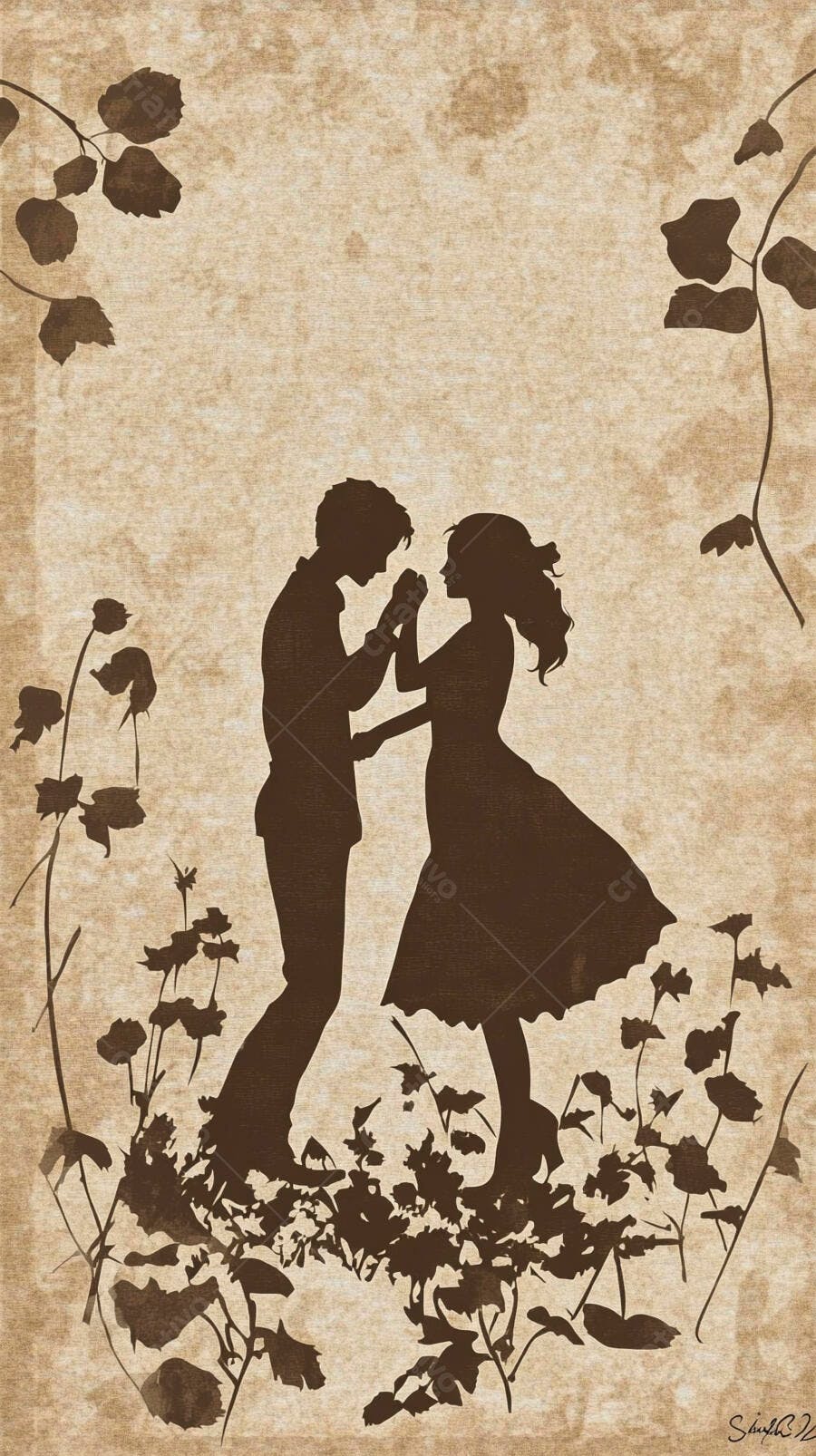 Casal apaixonado silhueta em jardim vintage com folhagens marrons