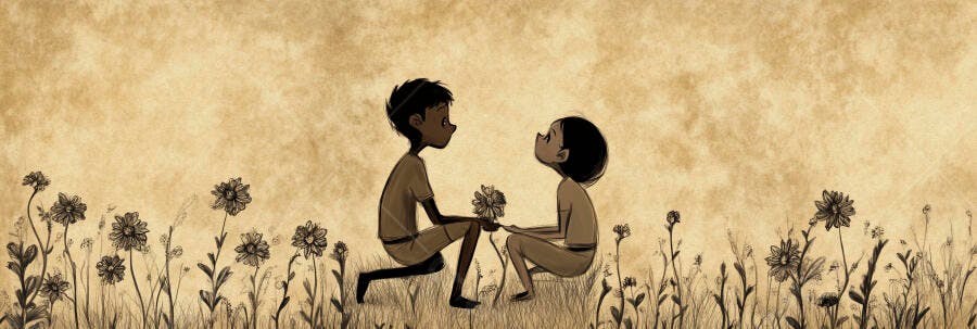 Crianças negras oferecendo flor em campo desenho artístico em sépia