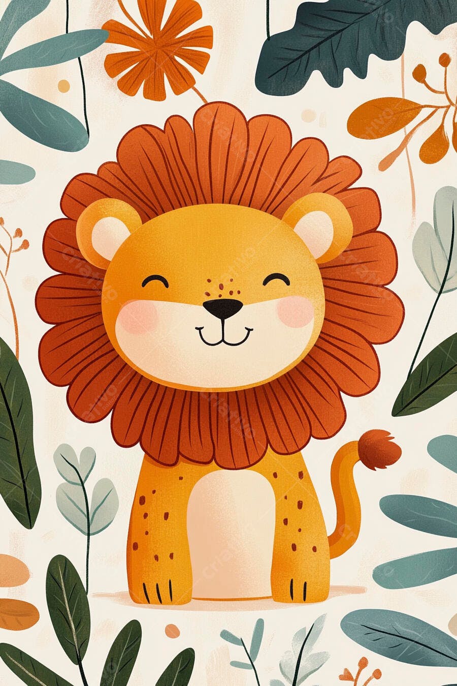 Leão filhote feliz desenho animado com juba laranja e folhas tropicais