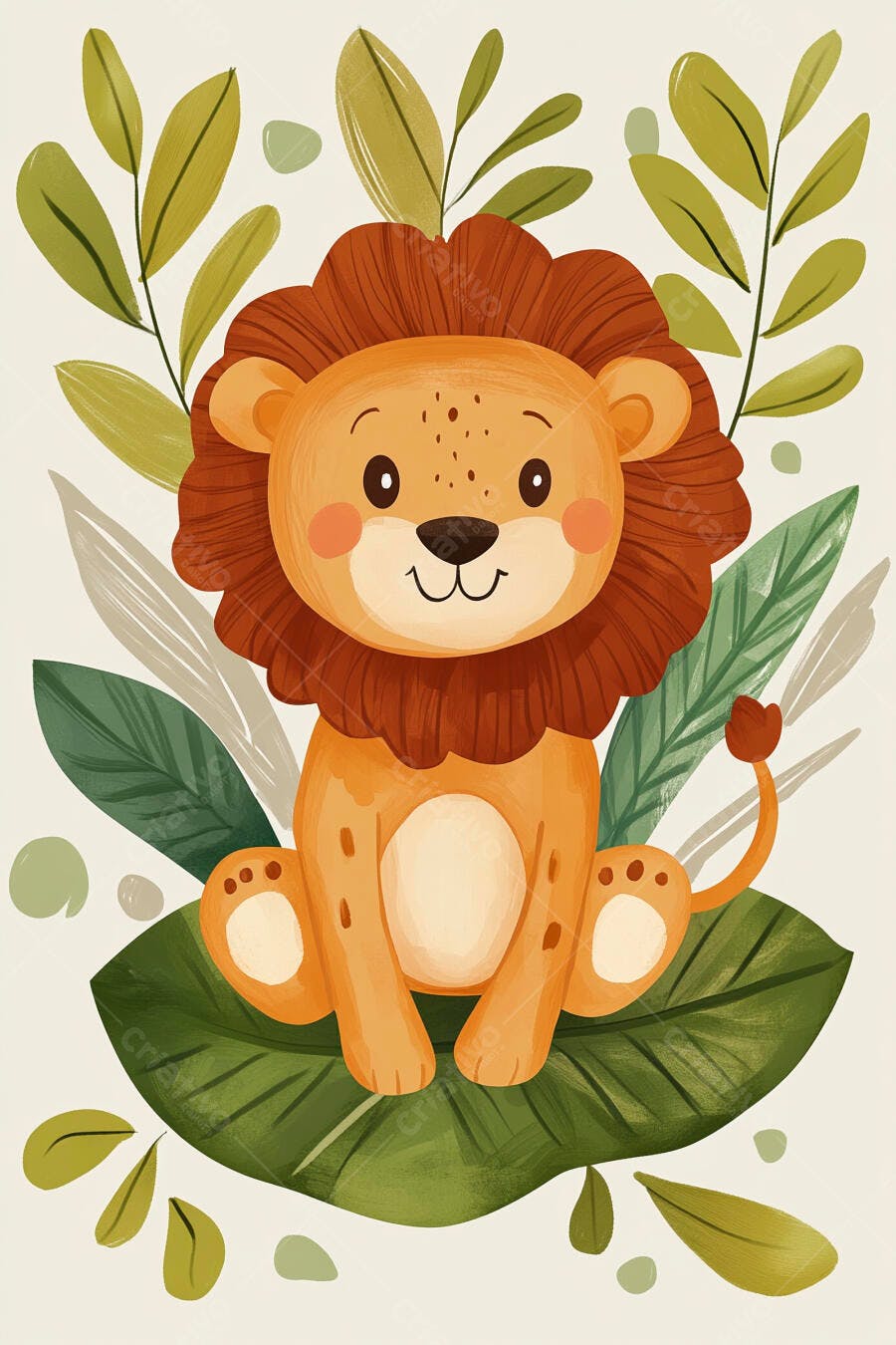 Leão fofo desenho sentado em folha verde com plantas ao redor