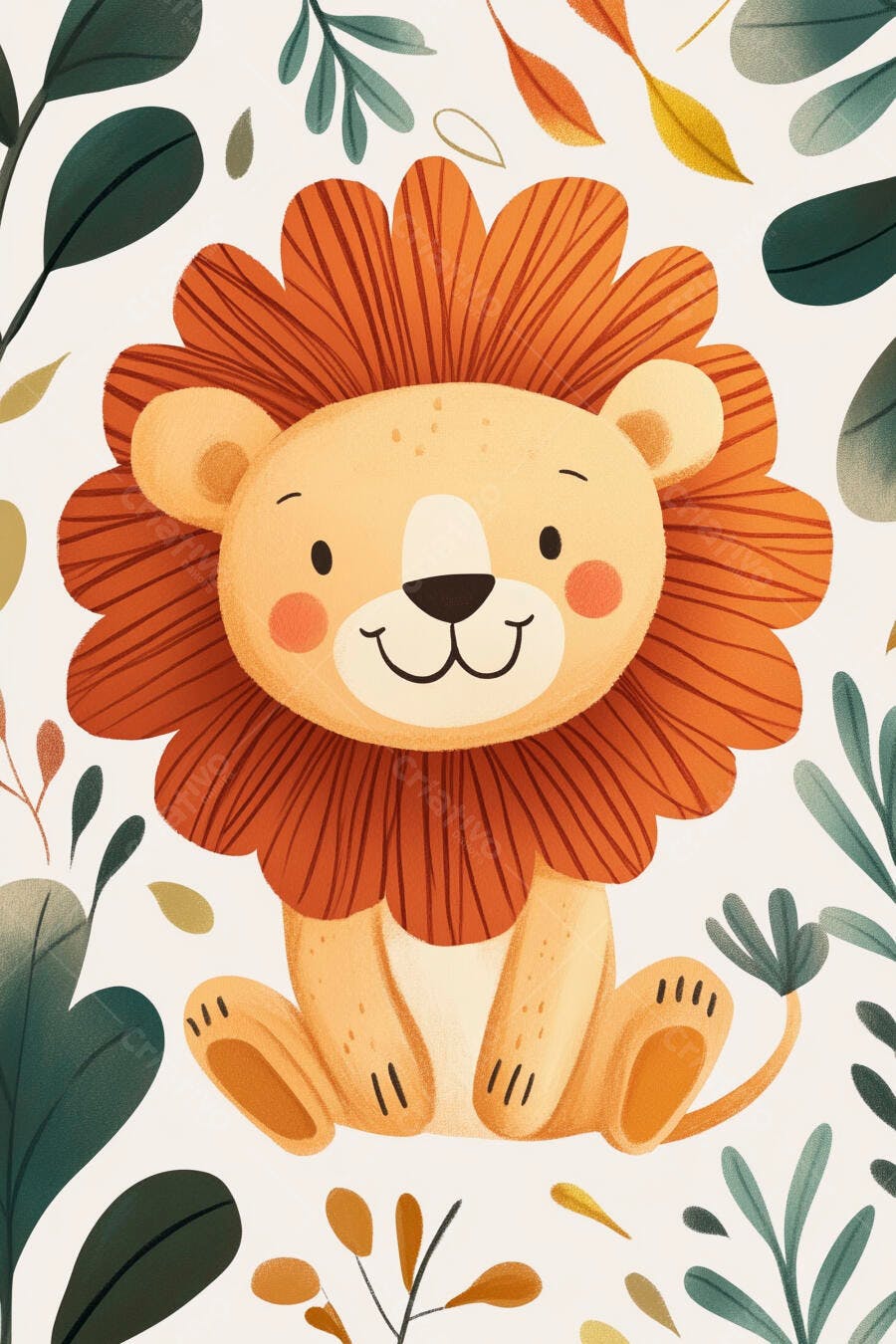 Leão filhote fofo sentado entre folhagens verdes e laranjas ilustração infantil