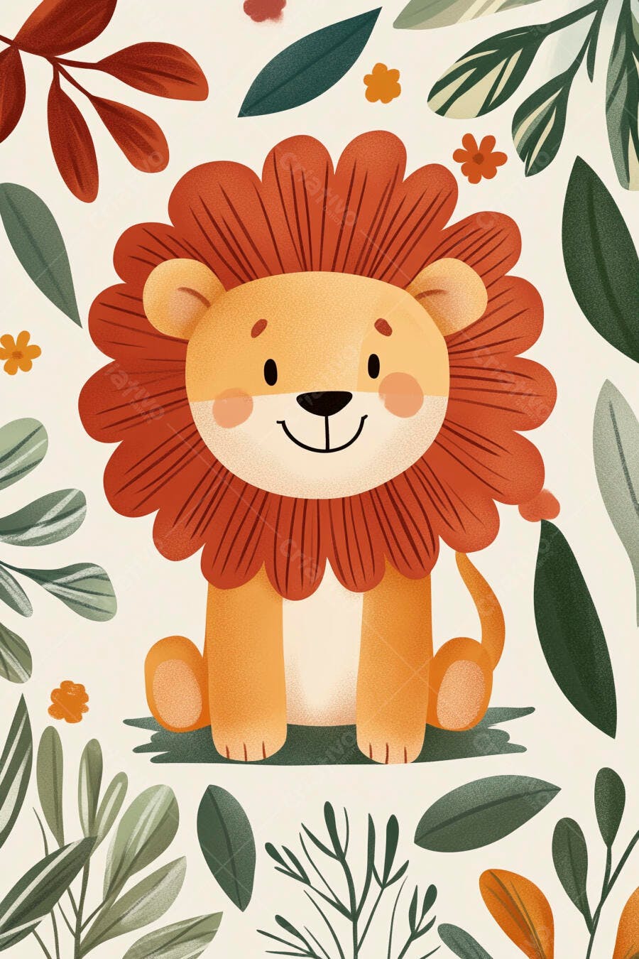 Leãozinho bebê sorridente em floresta de folhas coloridas ilustração infantil