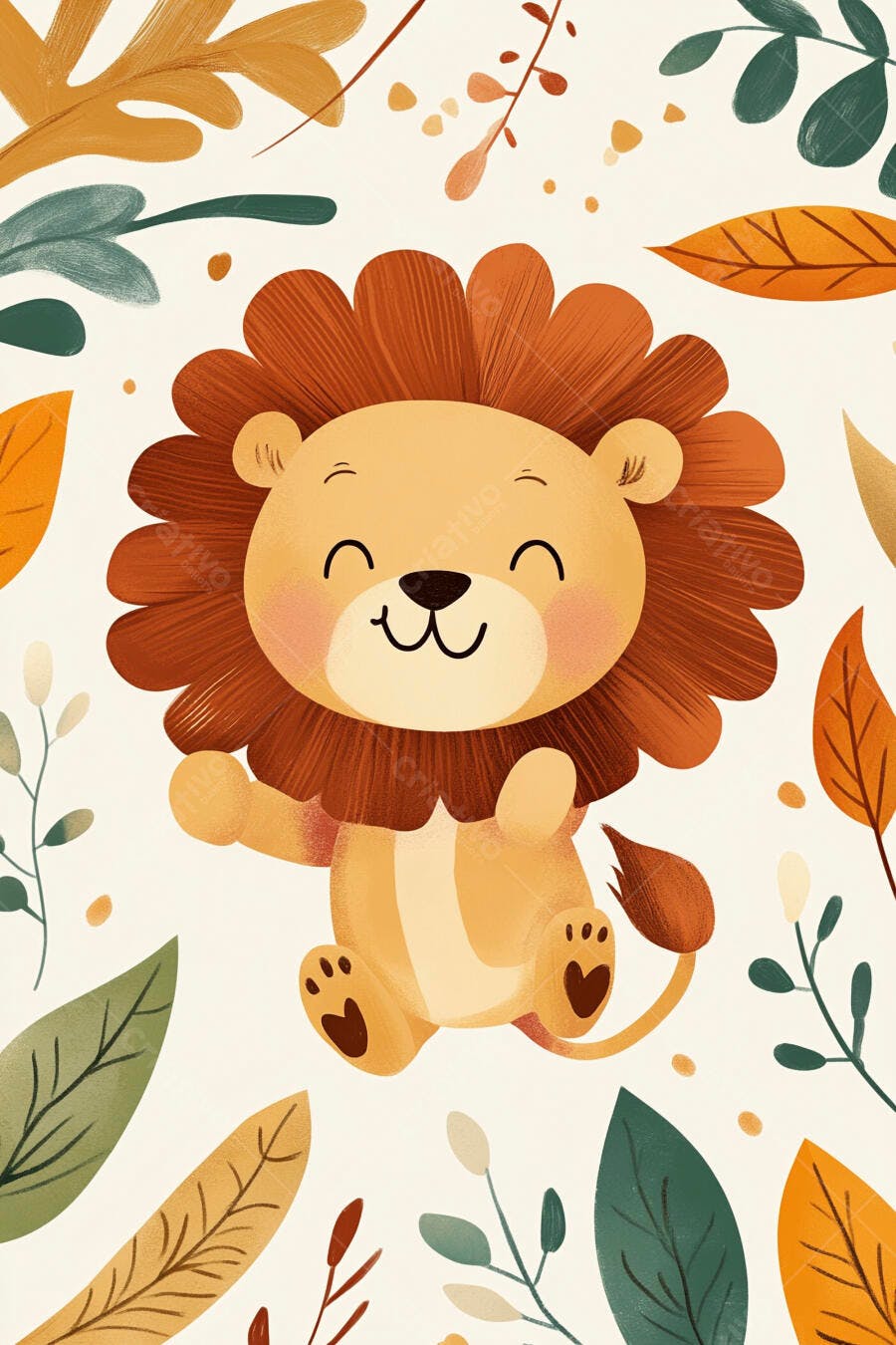 Leão filhote fofo sorrindo ilustração com tema outonal e folhas coloridas