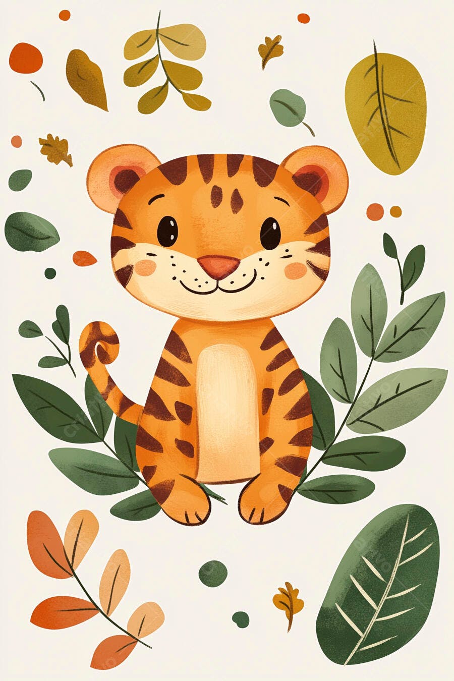Tigre filhote fofo de desenho animado rodeado por folhas verdes e laranja