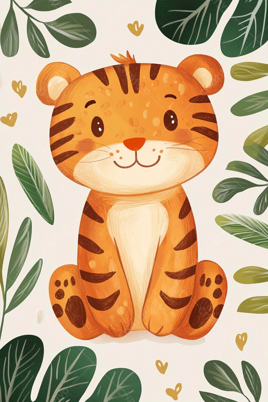 Tigre bebê laranja fofo sentado rodeado por folhas verdes e corações