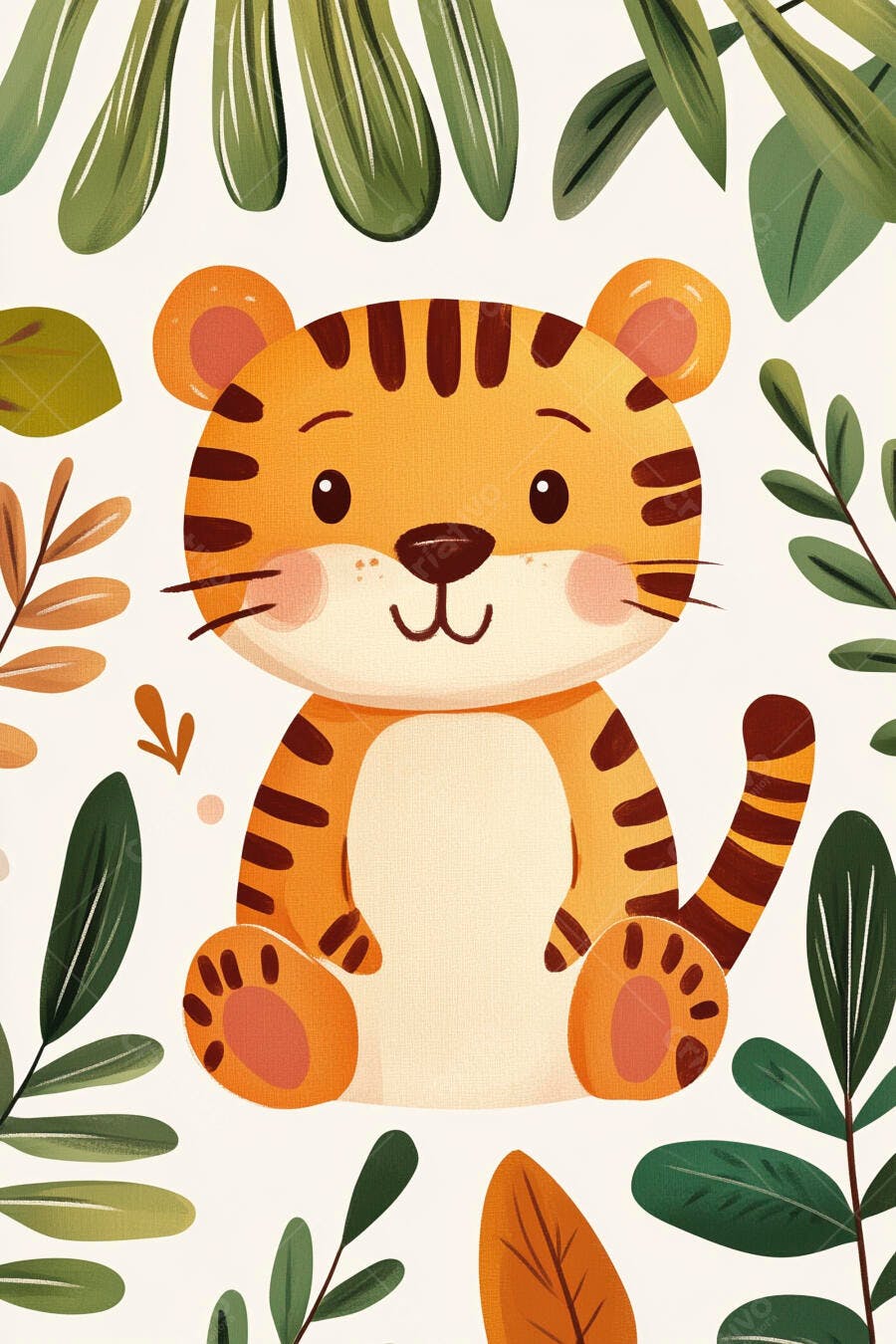 Tigre filhote fofo em desenho animado laranja e preto com folhas tropicais verdes