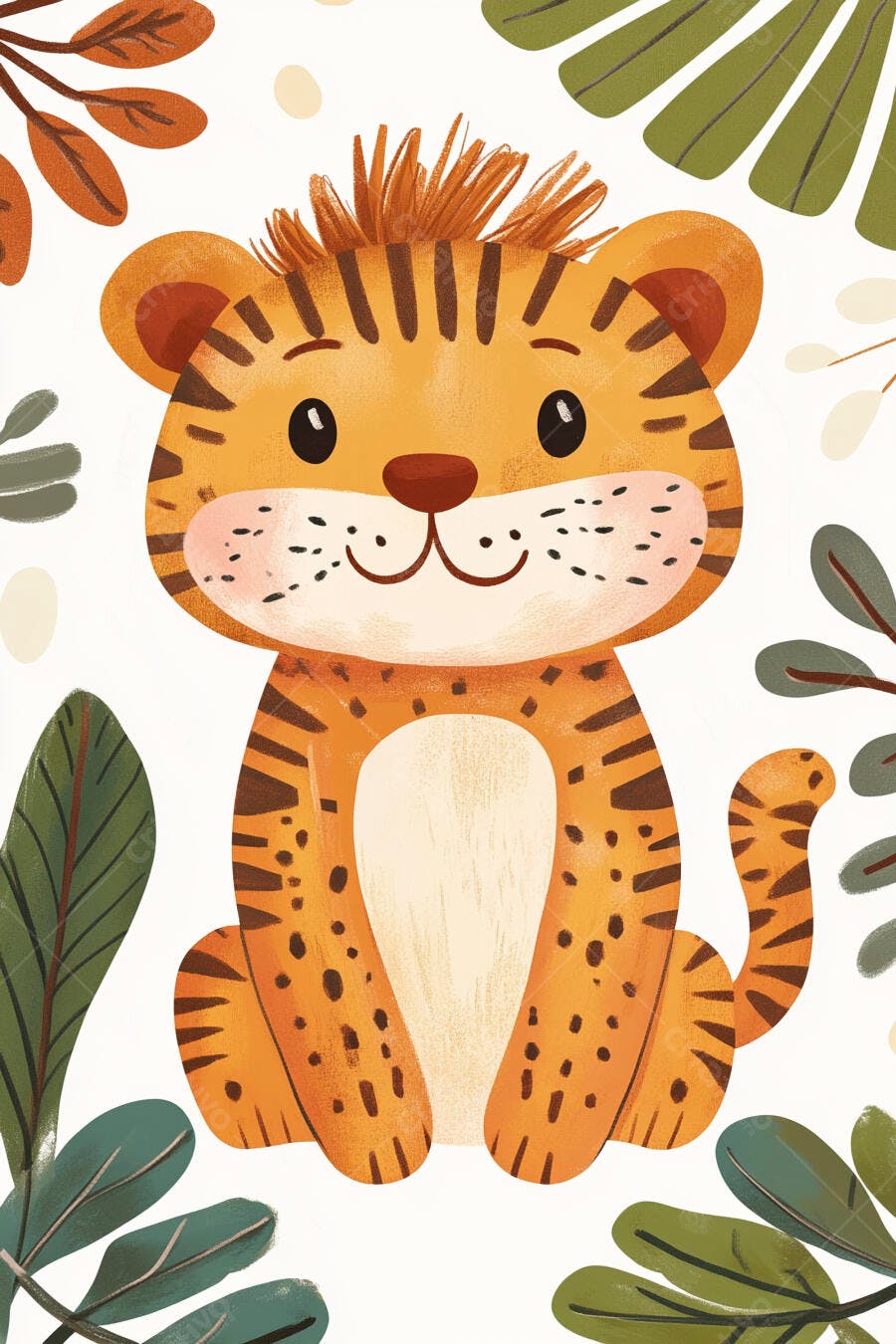 Tigre filhote fofo laranja e marrom em desenho infantil com folhas verdes