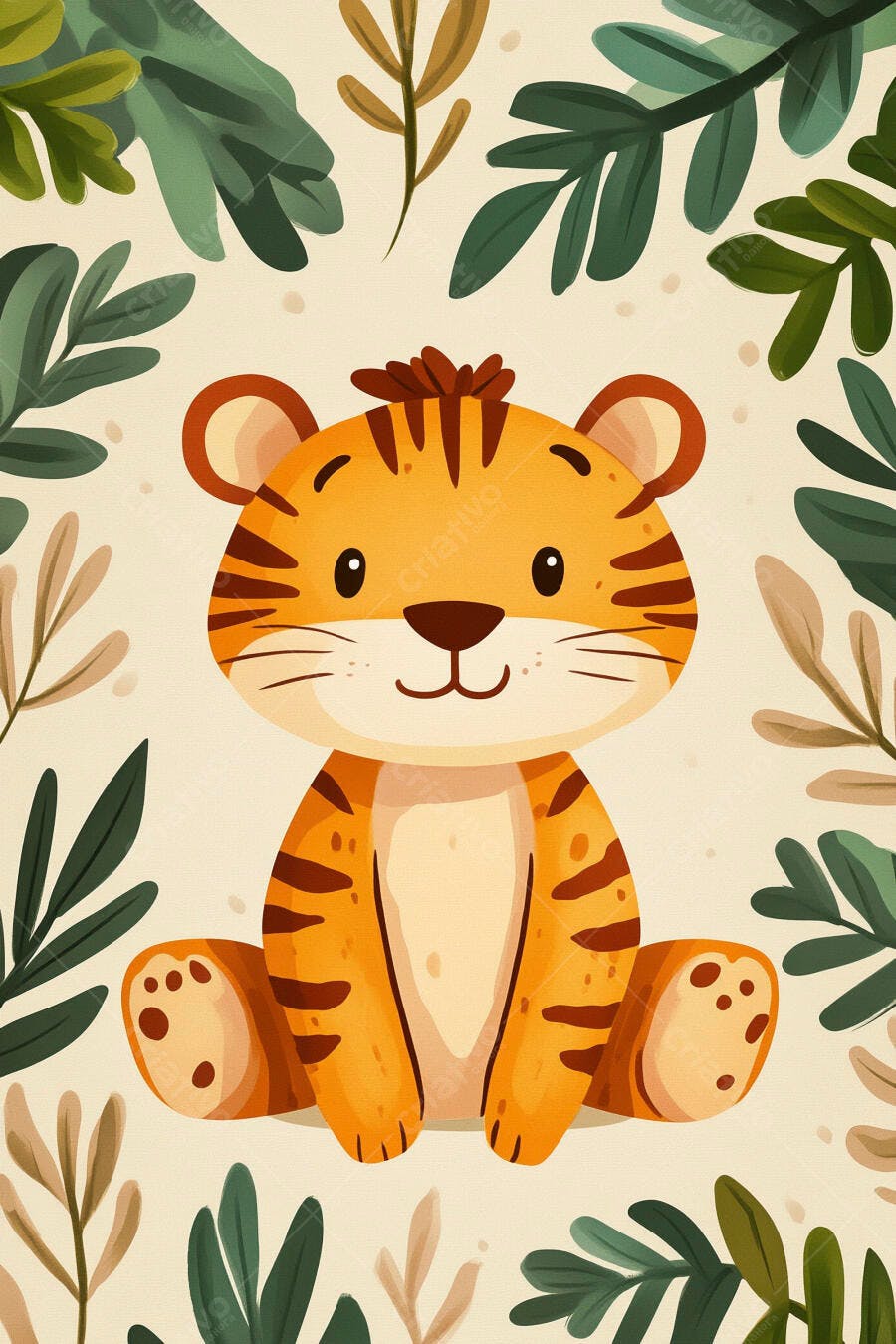 Tigre filhote laranja sorridente em meio a folhas tropicais ilustração infantil