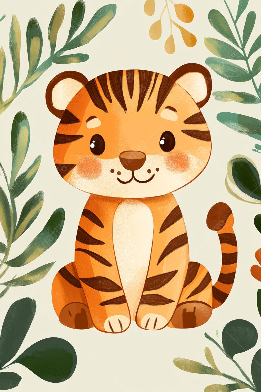 Filhote de tigre fofo ilustração aquarela entre folhas verdes claras