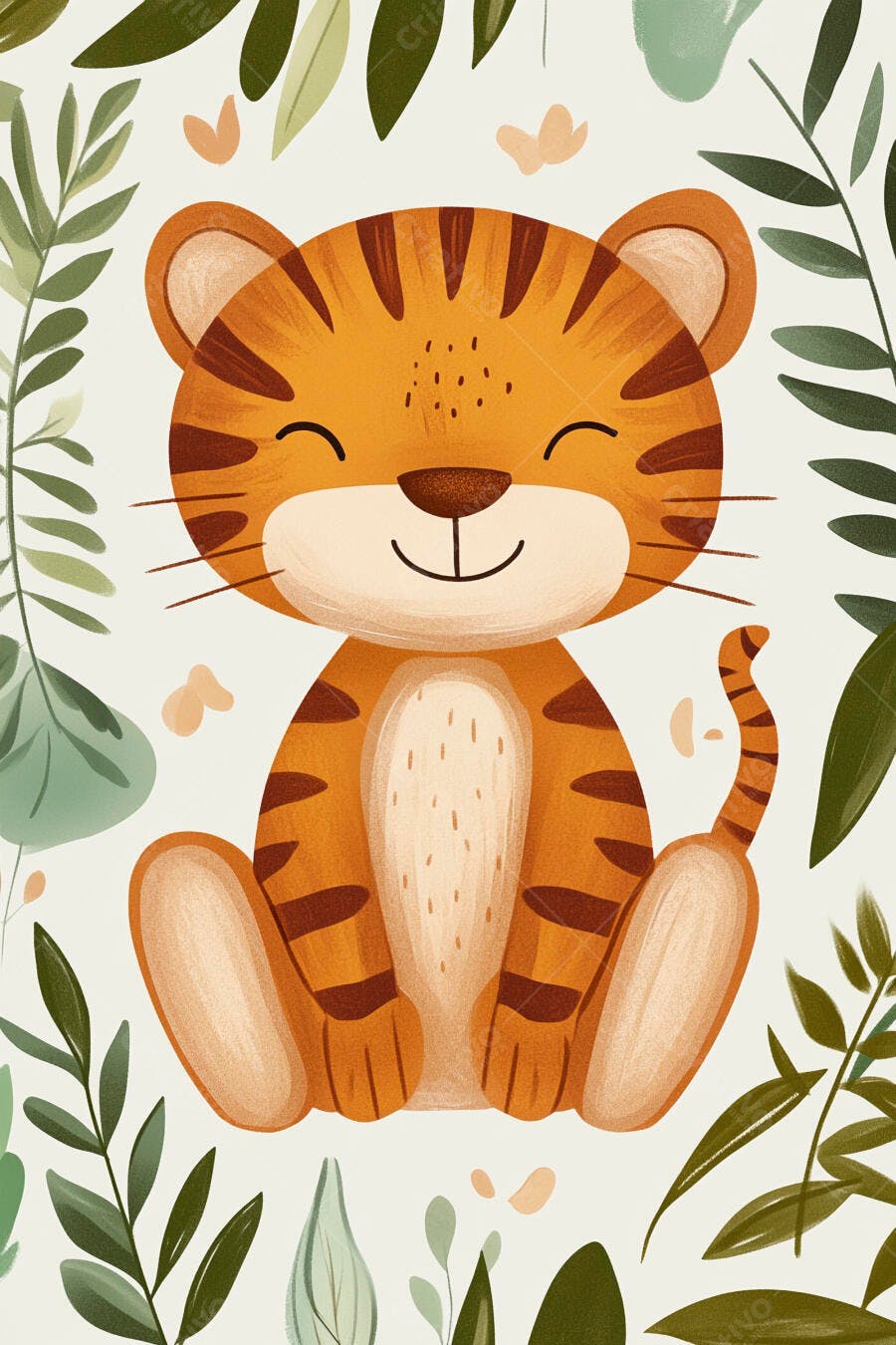 Tigre bebê feliz sorrindo em ilustração infantil com folhas verdes vibrantes