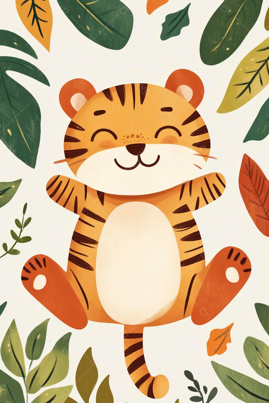 Tigre filhote feliz ilustração desenho animado com folhas tropicais