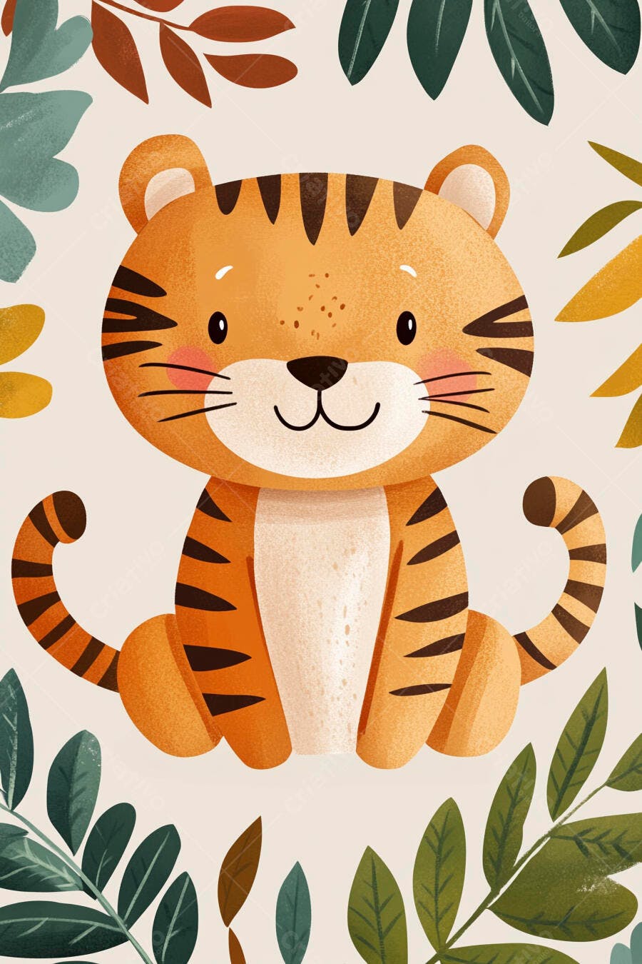 Tigre filhote fofo laranja e preto sentado com folhas verdes ilustração infantil