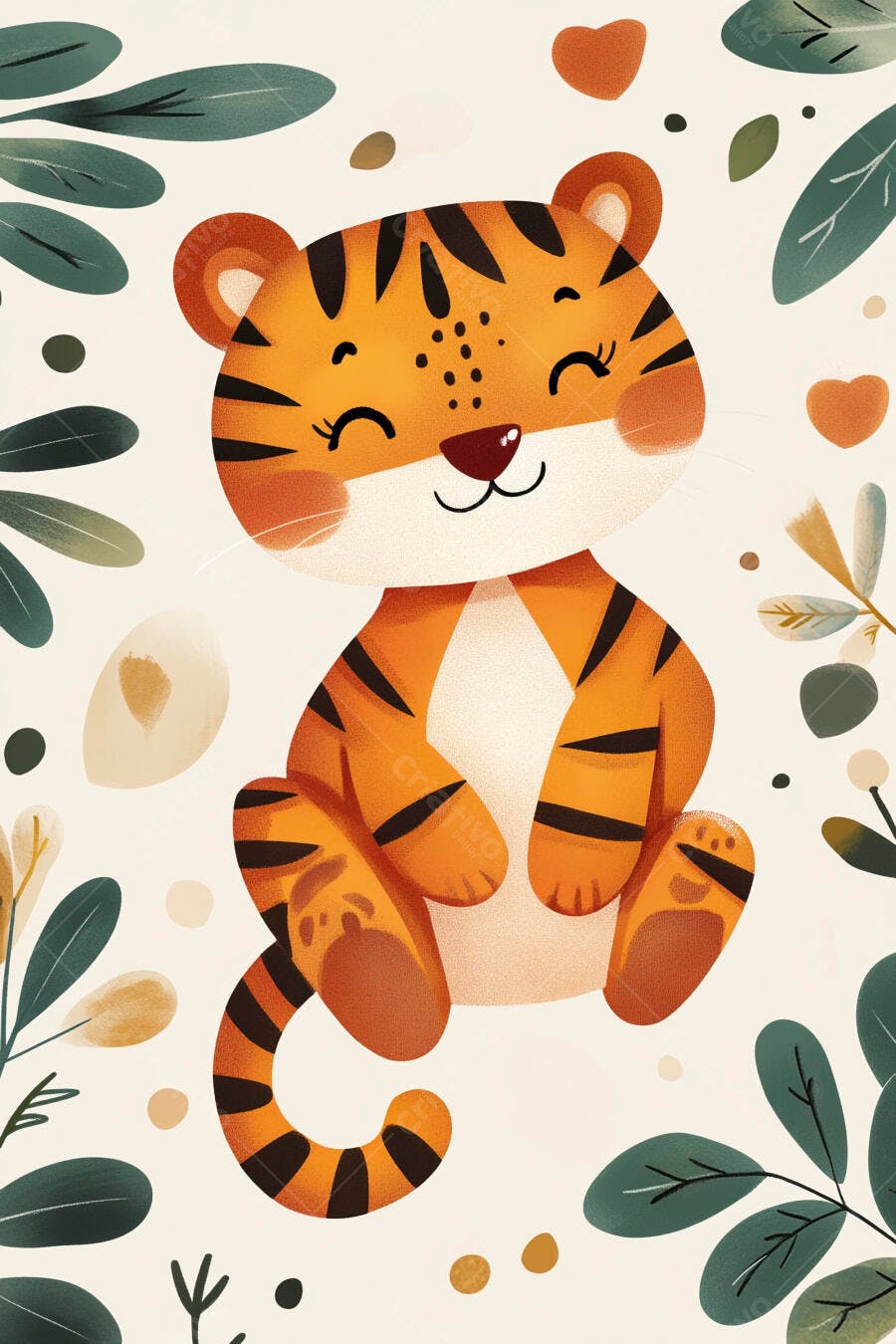 Tigre filhote laranja fofo sorrindo com folhas verdes ilustração infantil