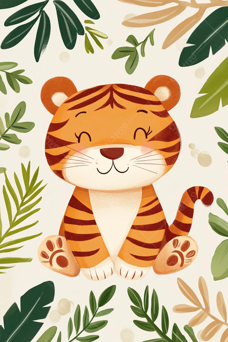 Tigre bebê fofo desenhado sentado entre folhas verdes da selva