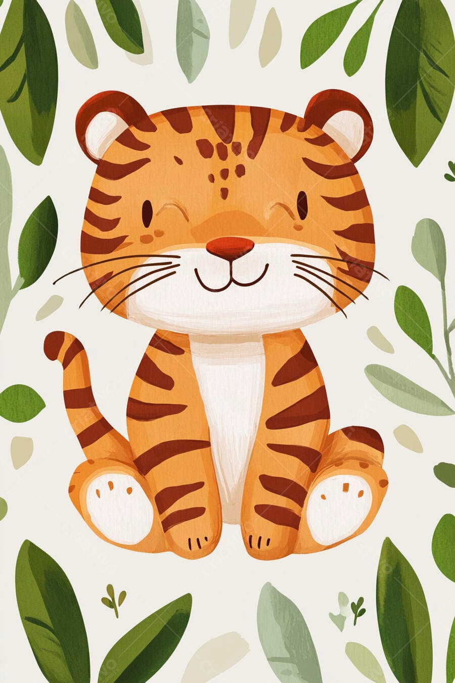 Tigre filhote laranja sorrindo com listras marrons e folhas verdes vibrantes