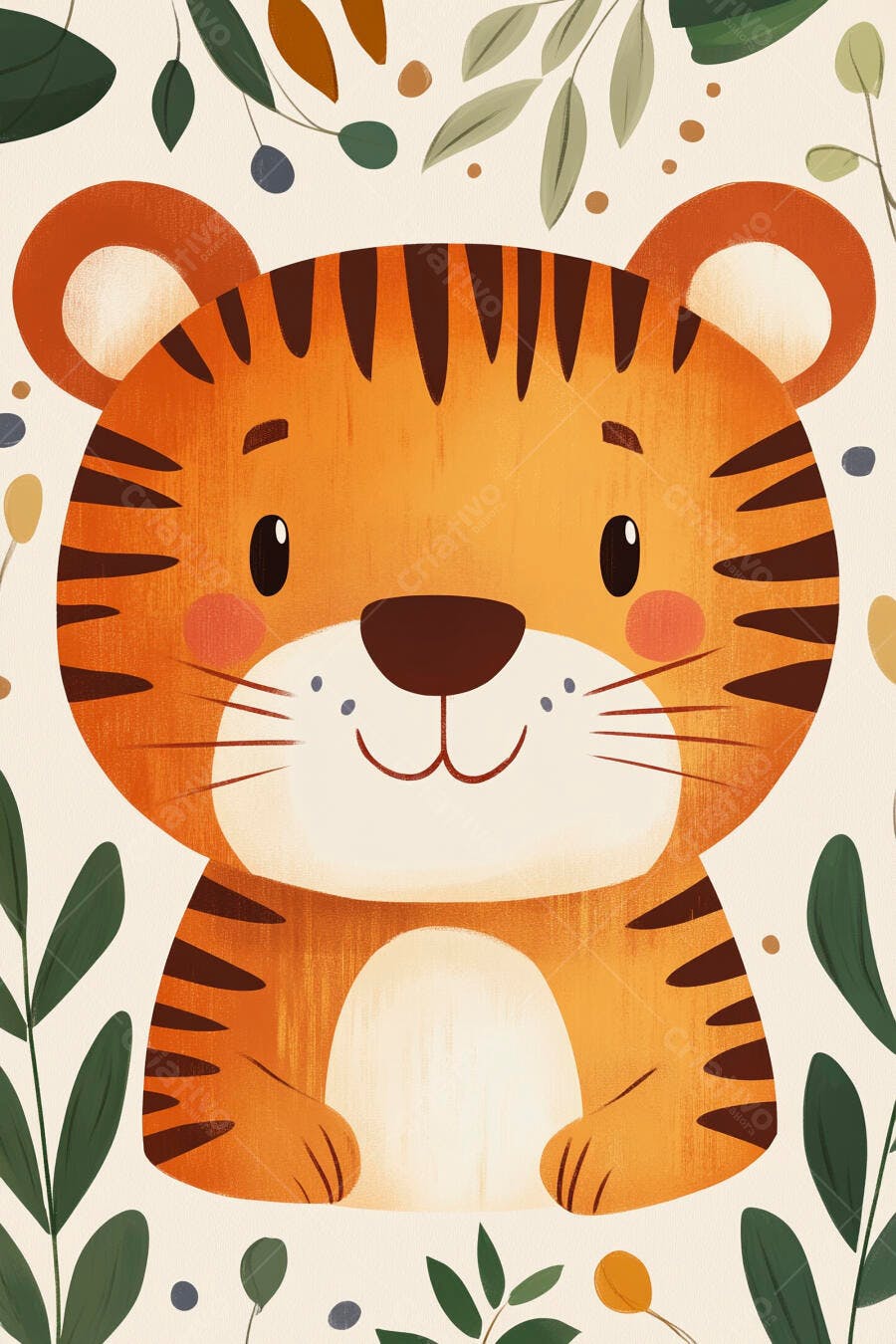Tigre bebê fofo e sorridente em ilustração infantil com folhagens verdes