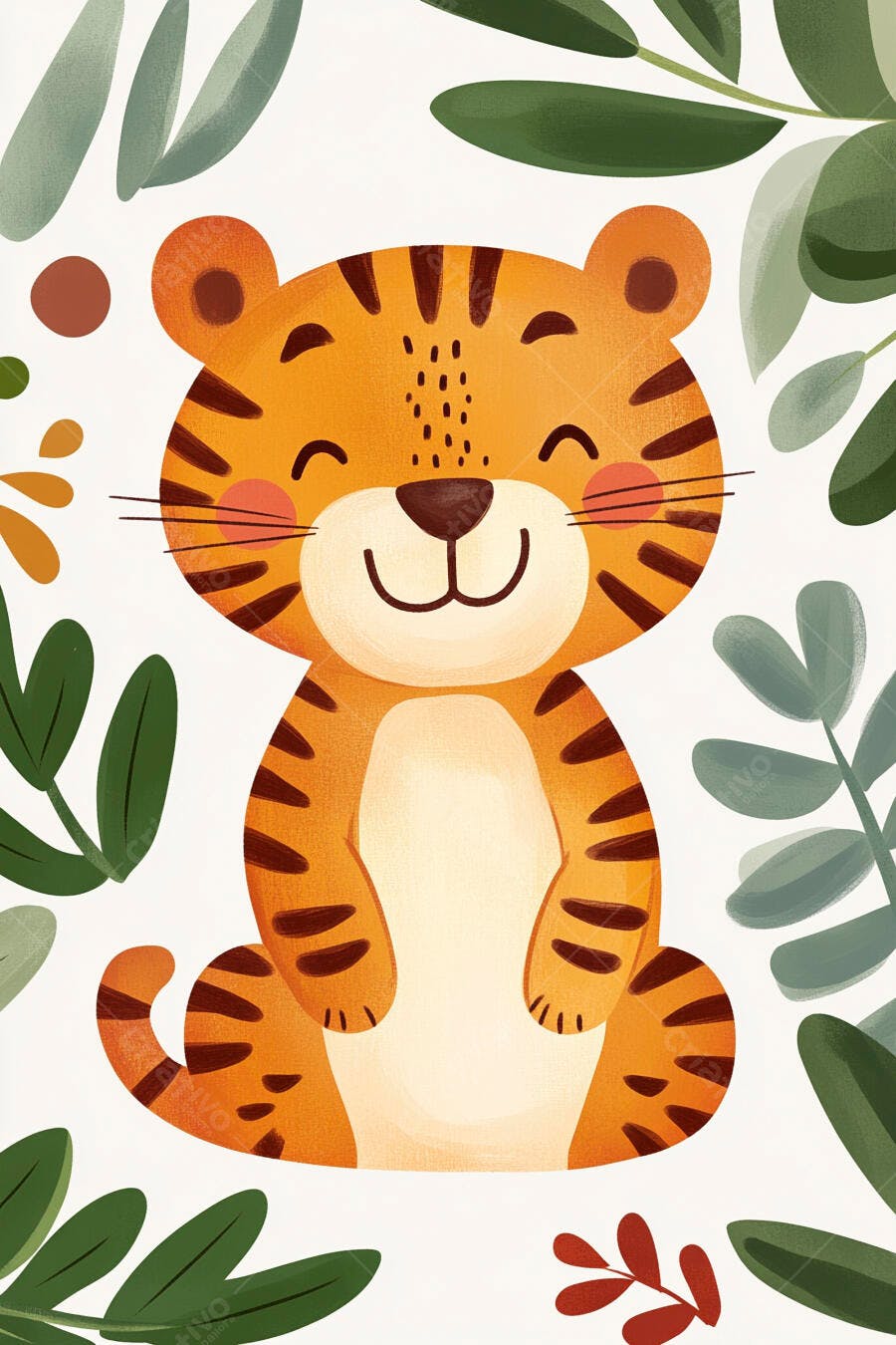 Tigre bebê laranja sorrindo com folhas verdes em ilustração infantil