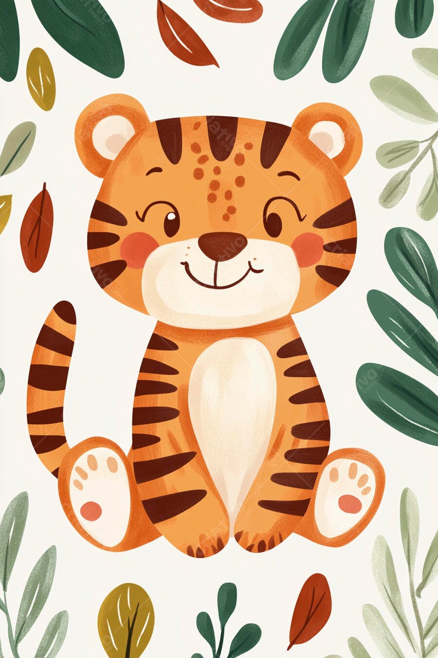 Tigre filhote fofo sorrindo com folhas verdes em fundo claro