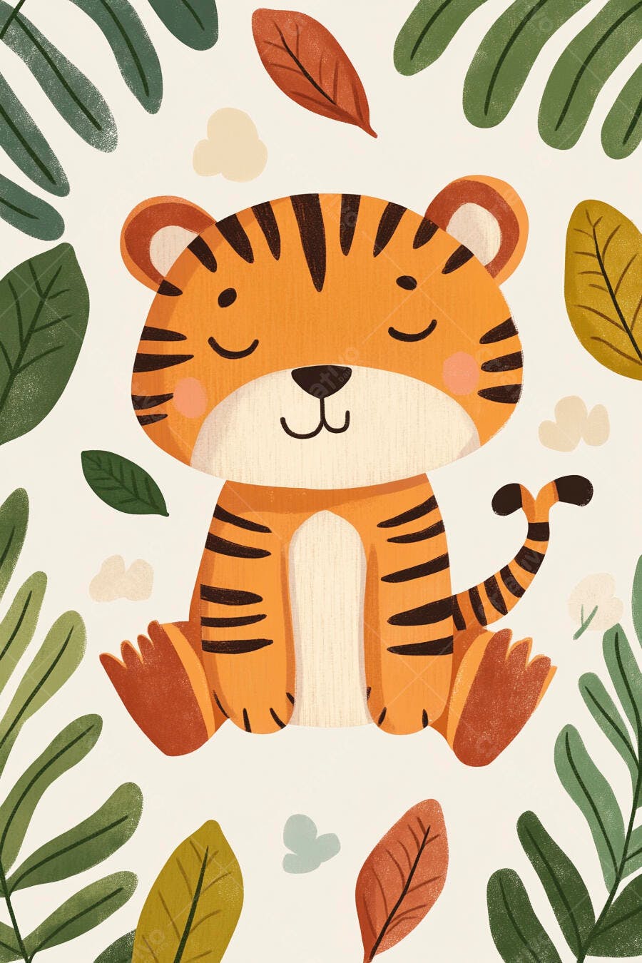 Tigre filhote fofo dormindo em ilustração de selva com folhas verdes
