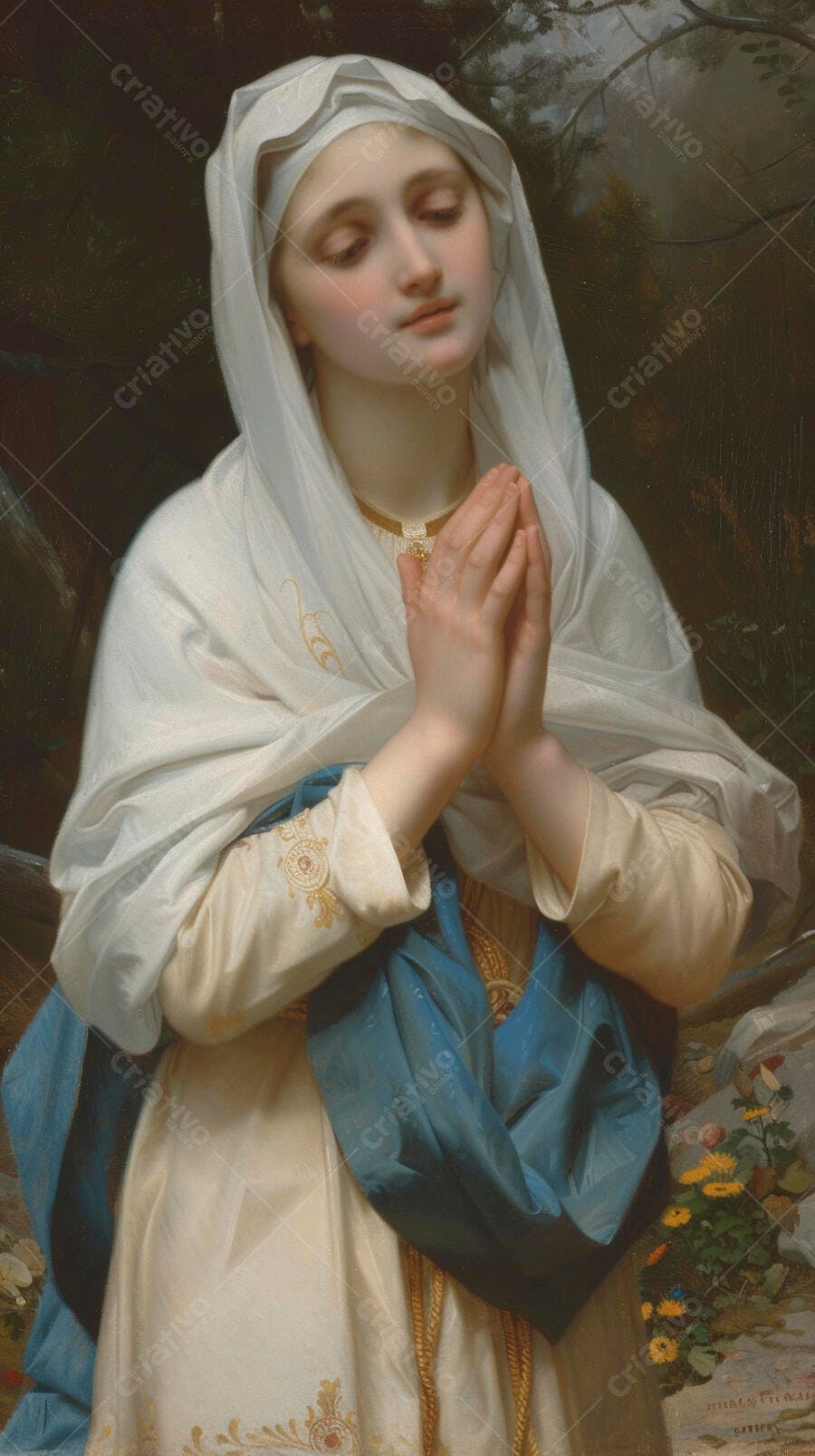 Virgem Maria orando com véu branco e manto azul em pintura clássica