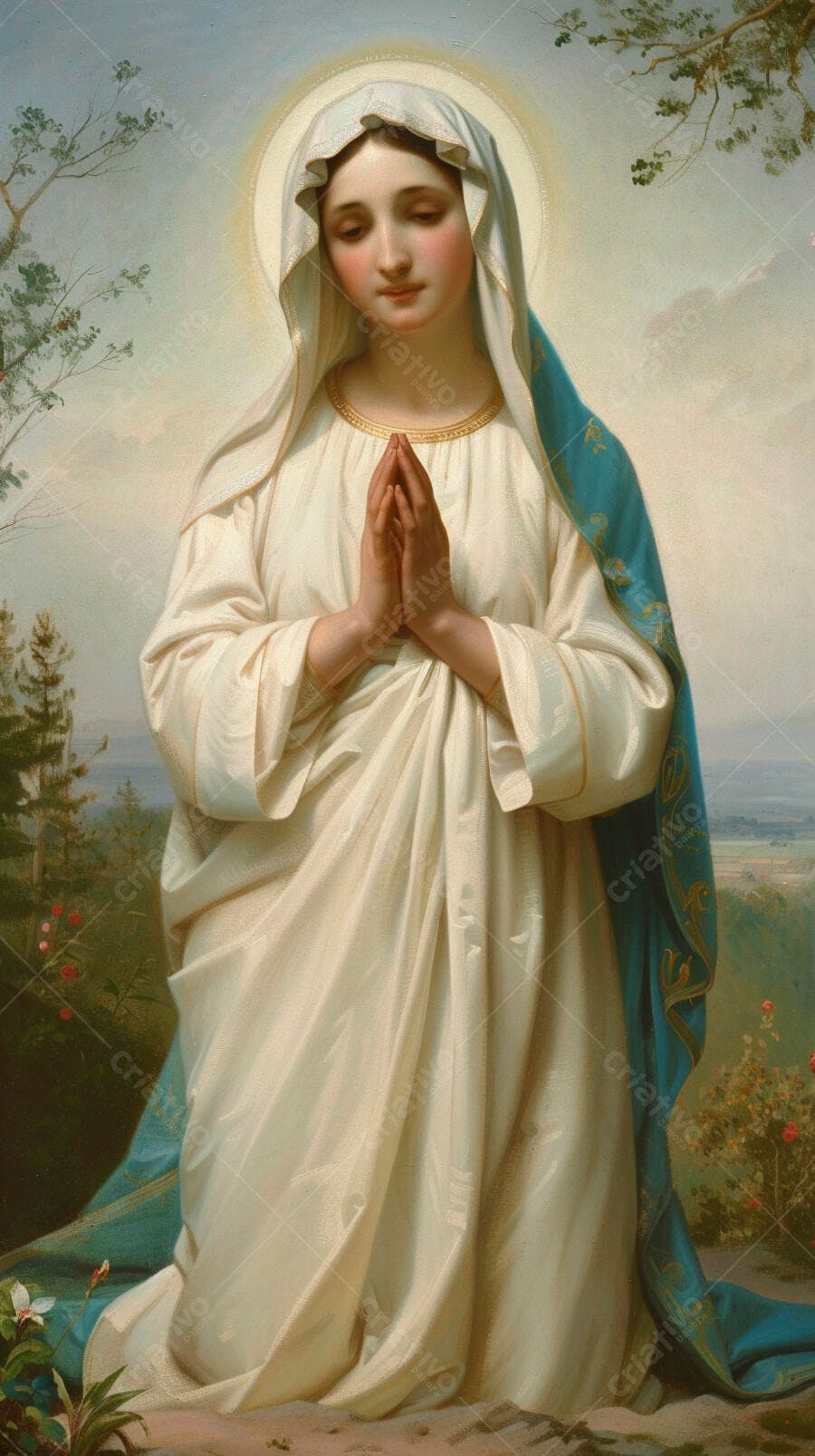 Virgem Maria ajoelhada em oração com manto azul e branco no campo
