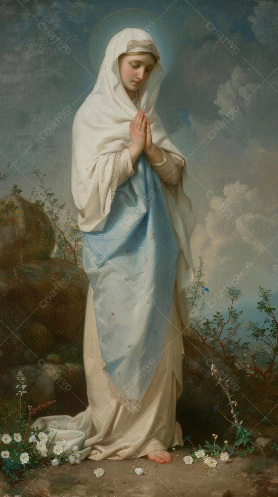 Virgem Maria de véu branco e manto azul em oração na natureza