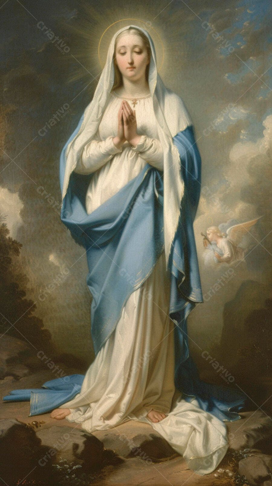 Virgem Maria de véu branco e manto azul rezando com anjo celestial