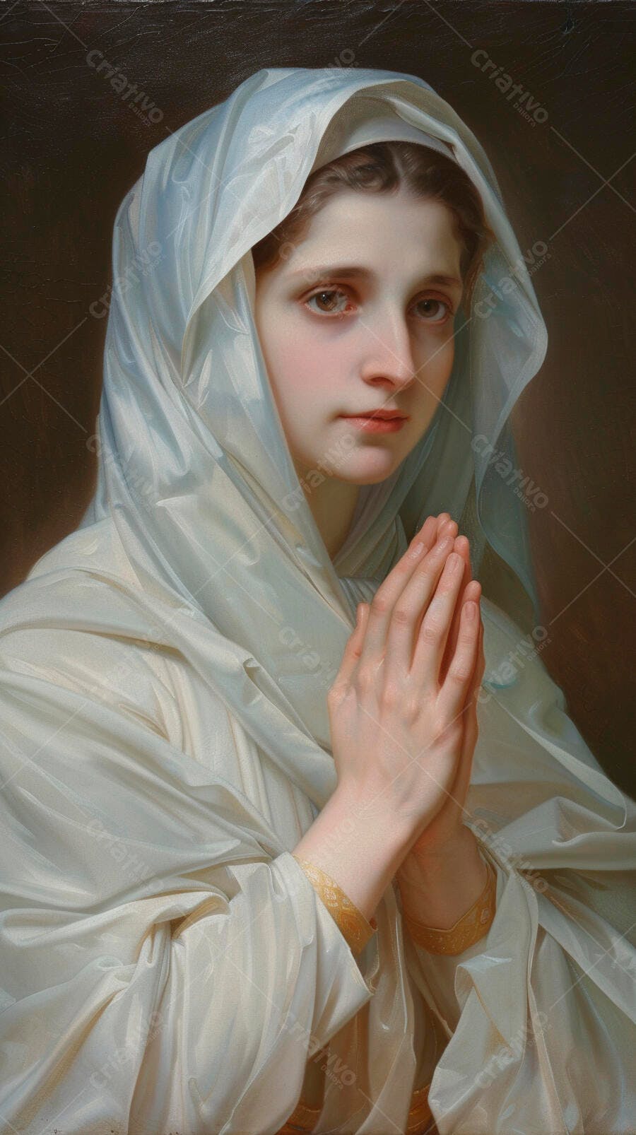Virgem Maria pintura clássica com véu branco e mãos em oração