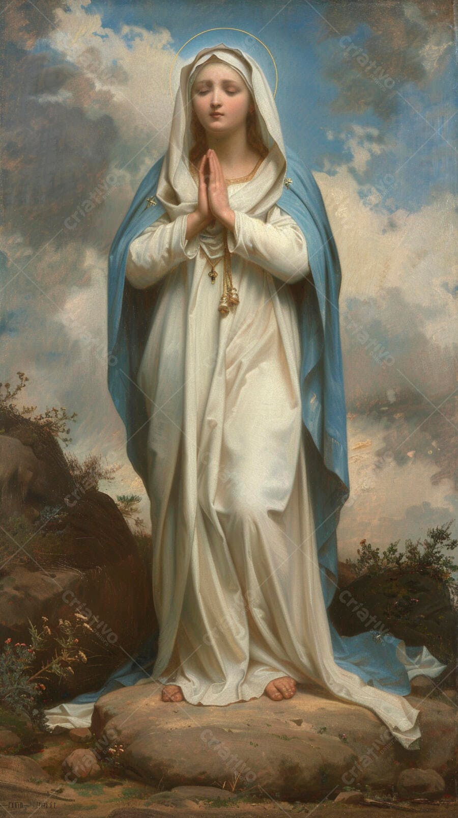 Nossa Senhora de vestes brancas e manto azul em oração na montanha