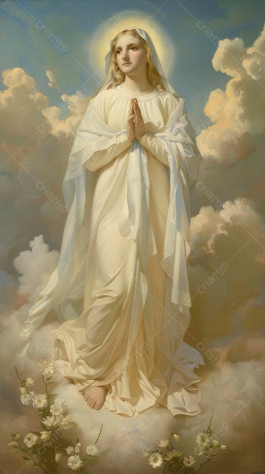 Virgem Maria em oração entre nuvens celestiais e flores brancas
