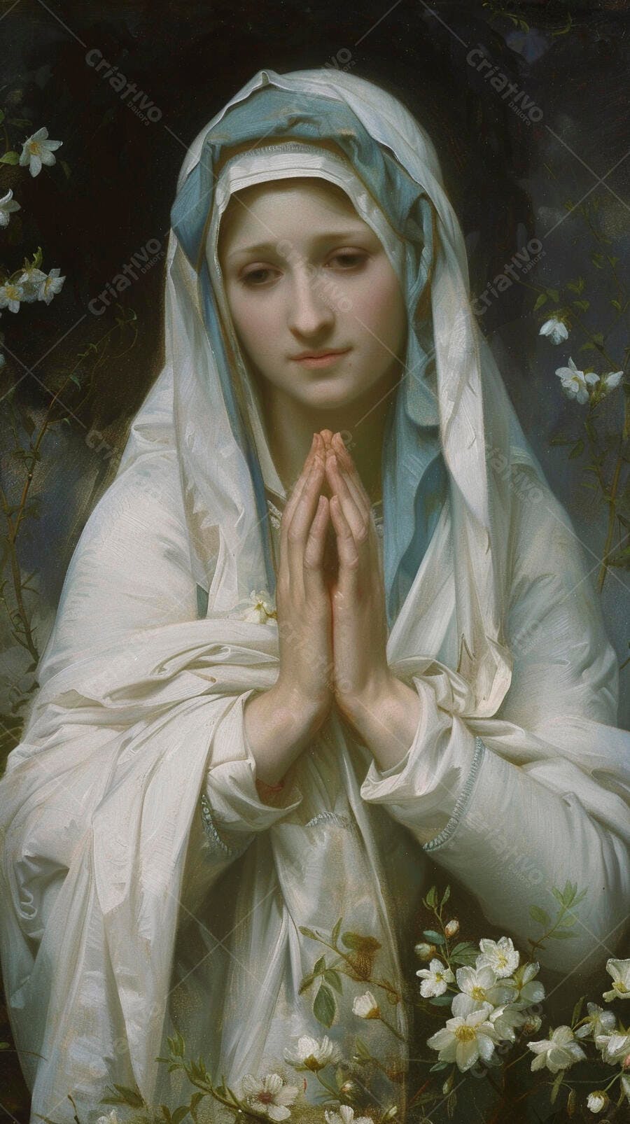 Virgem Maria de véu branco e azul com mãos em oração entre flores brancas