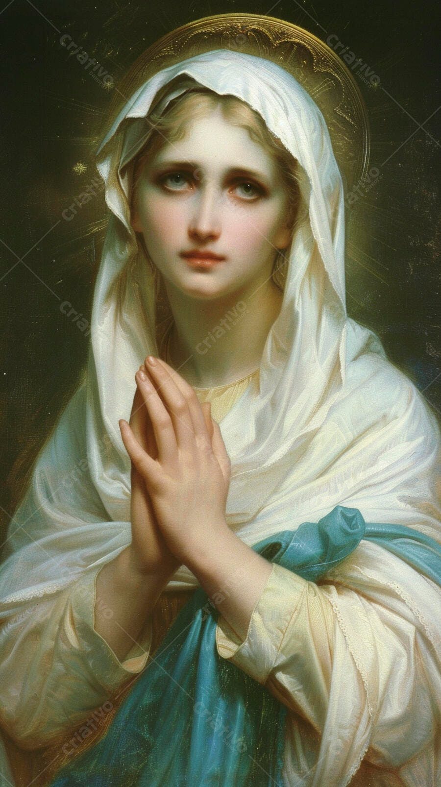 Virgem Maria de olhos azuis orando em pintura clássica com véu branco