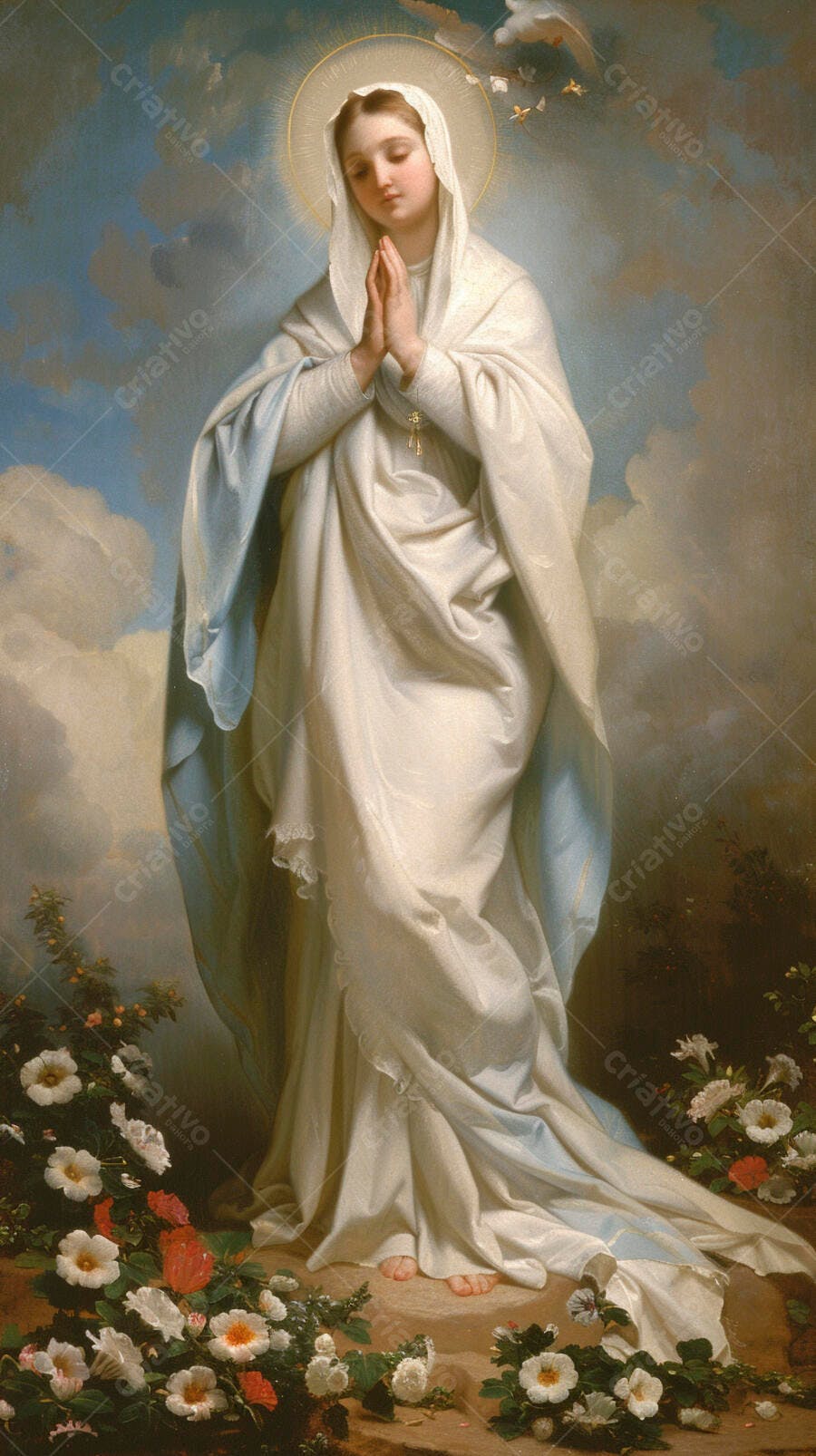 Virgem Maria de manto branco rezando em jardim celestial com flores e auréola