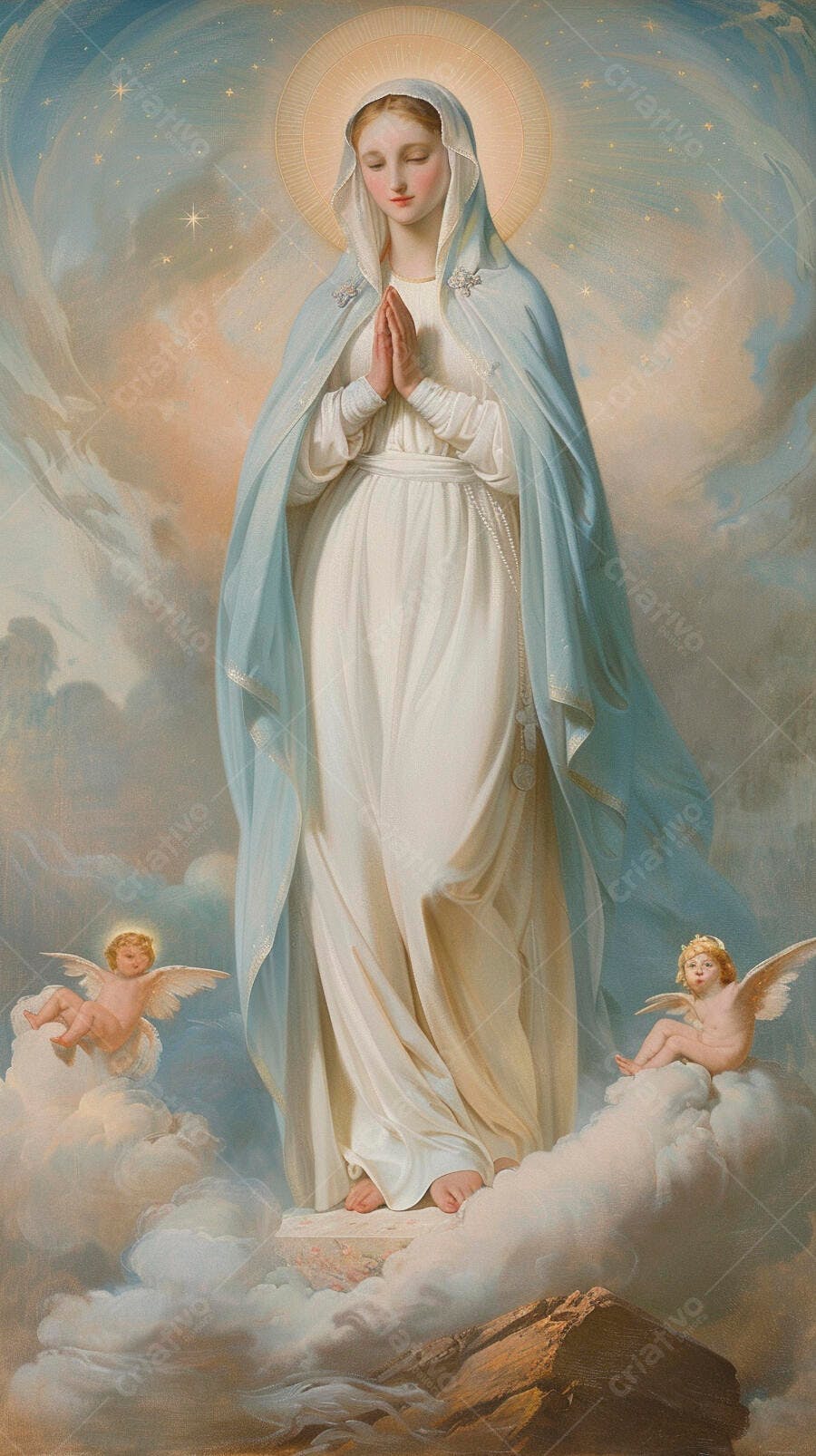Virgem Maria de manto azul orando entre anjos nas nuvens
