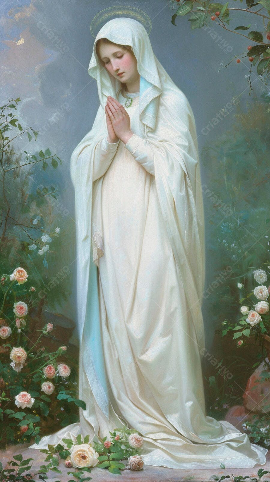 Virgem Maria caucasiana rezando em jardim com rosas brancas e rosa vestido branco