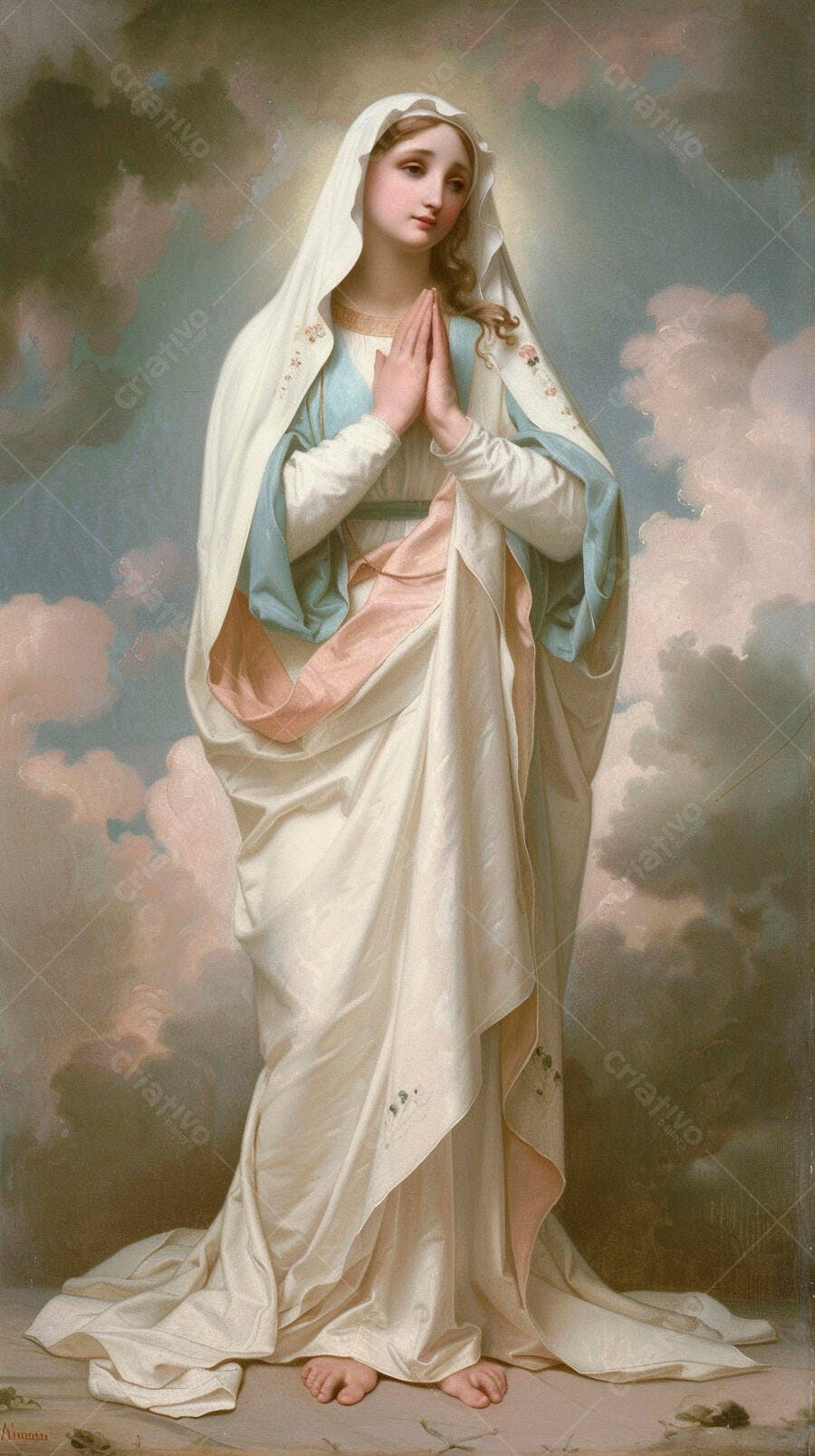 Mulher santa Virgem Maria orando vestes brancas véu azul em meio às nuvens celestiais