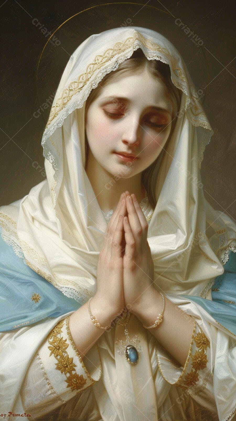 Virgem Maria com véu branco e dourado em oração pintura clássica religiosa olhos fechados