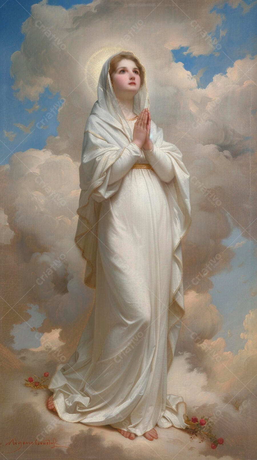Pintura Virgem Maria em oração com halo vestido branco nuvens celestiais