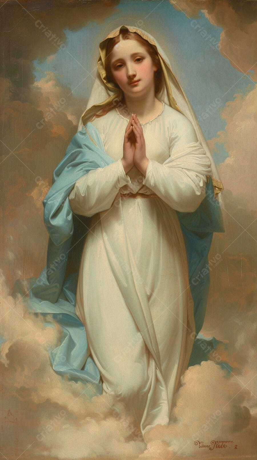 Virgem Maria jovem em oração com véu e manto azul entre nuvens