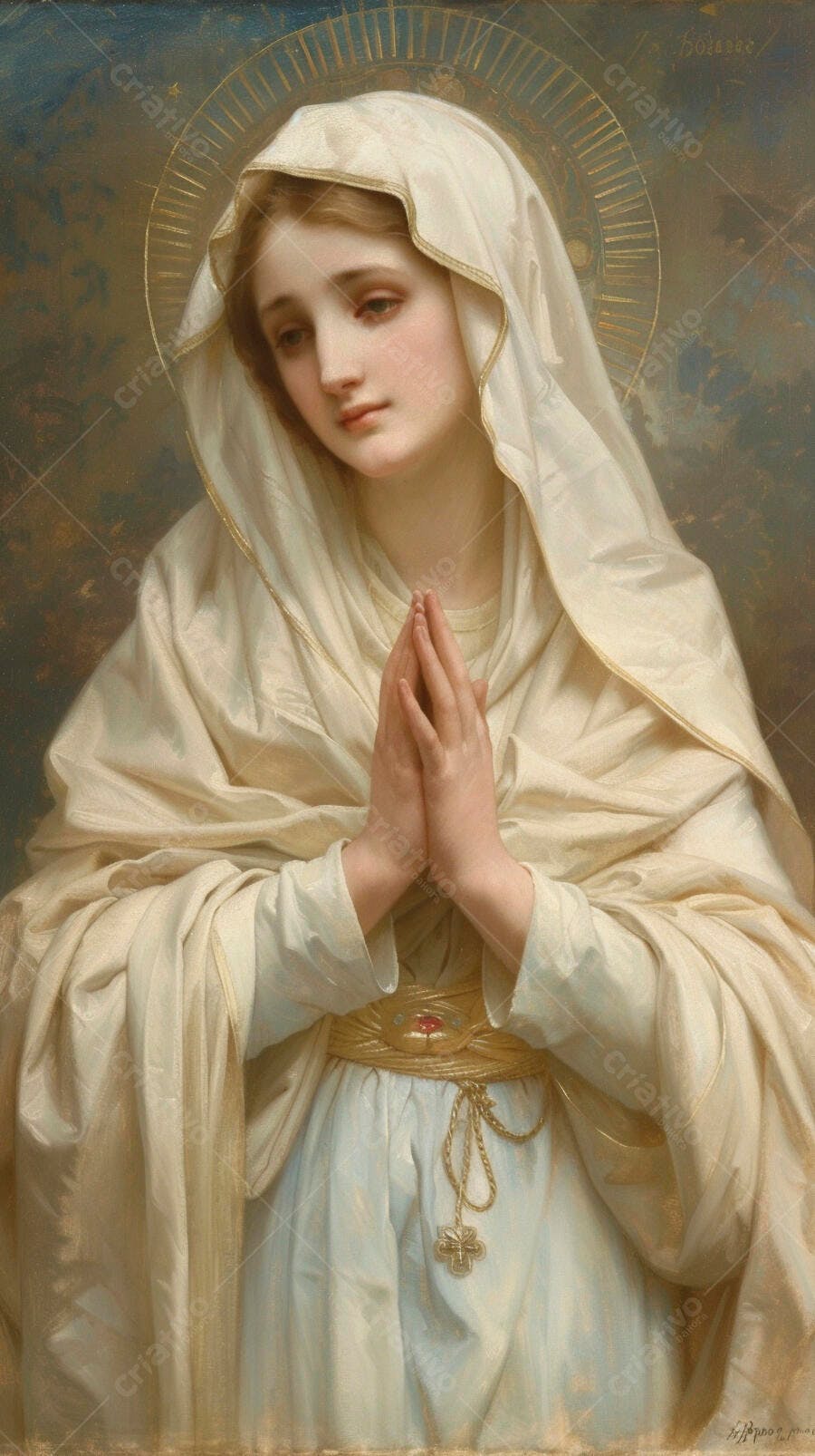 Virgem Maria orando com véu branco auréola dourada pintura clássica