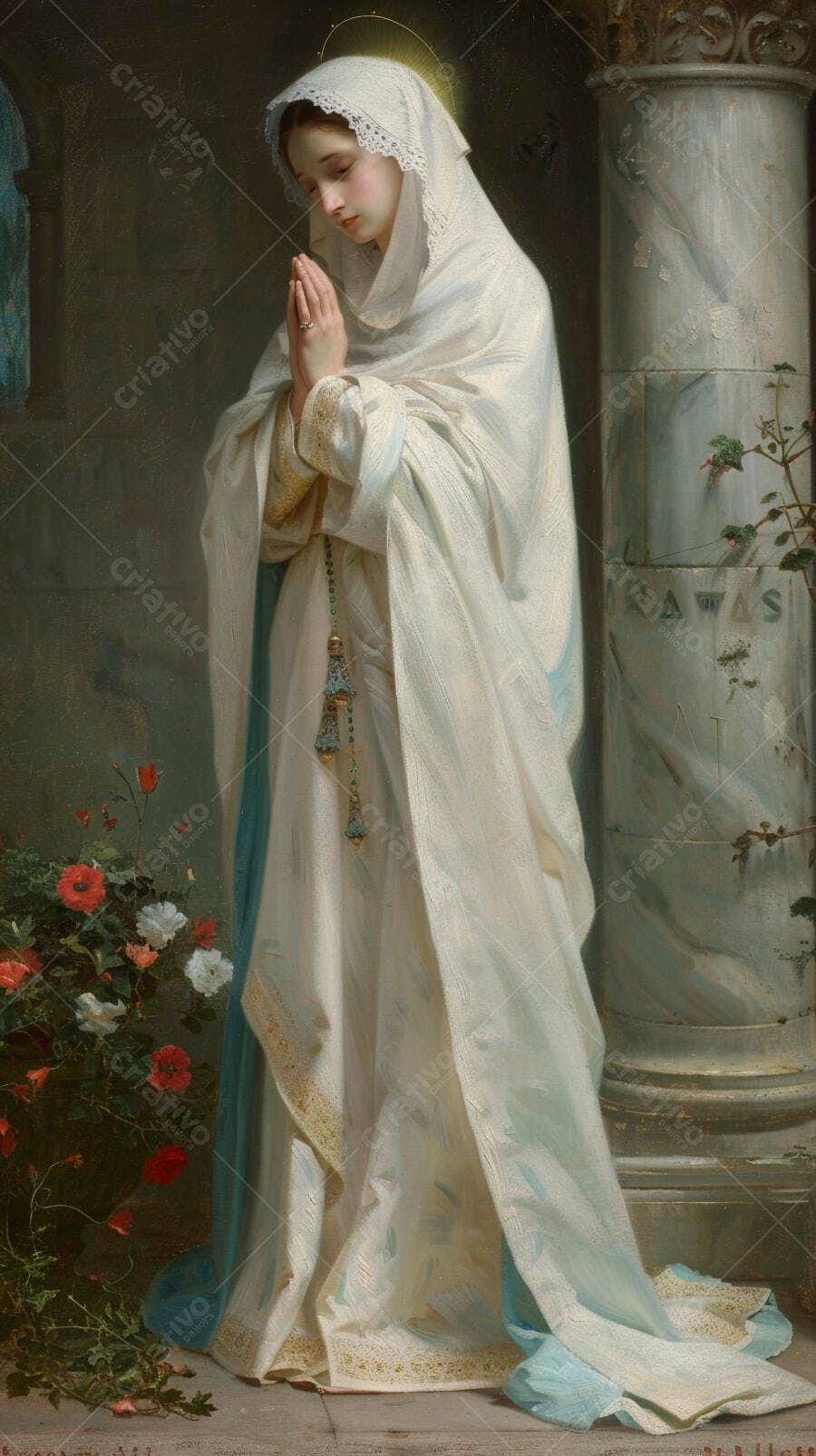 Virgem Maria em oração com véu branco azul e flores em igreja antiga
