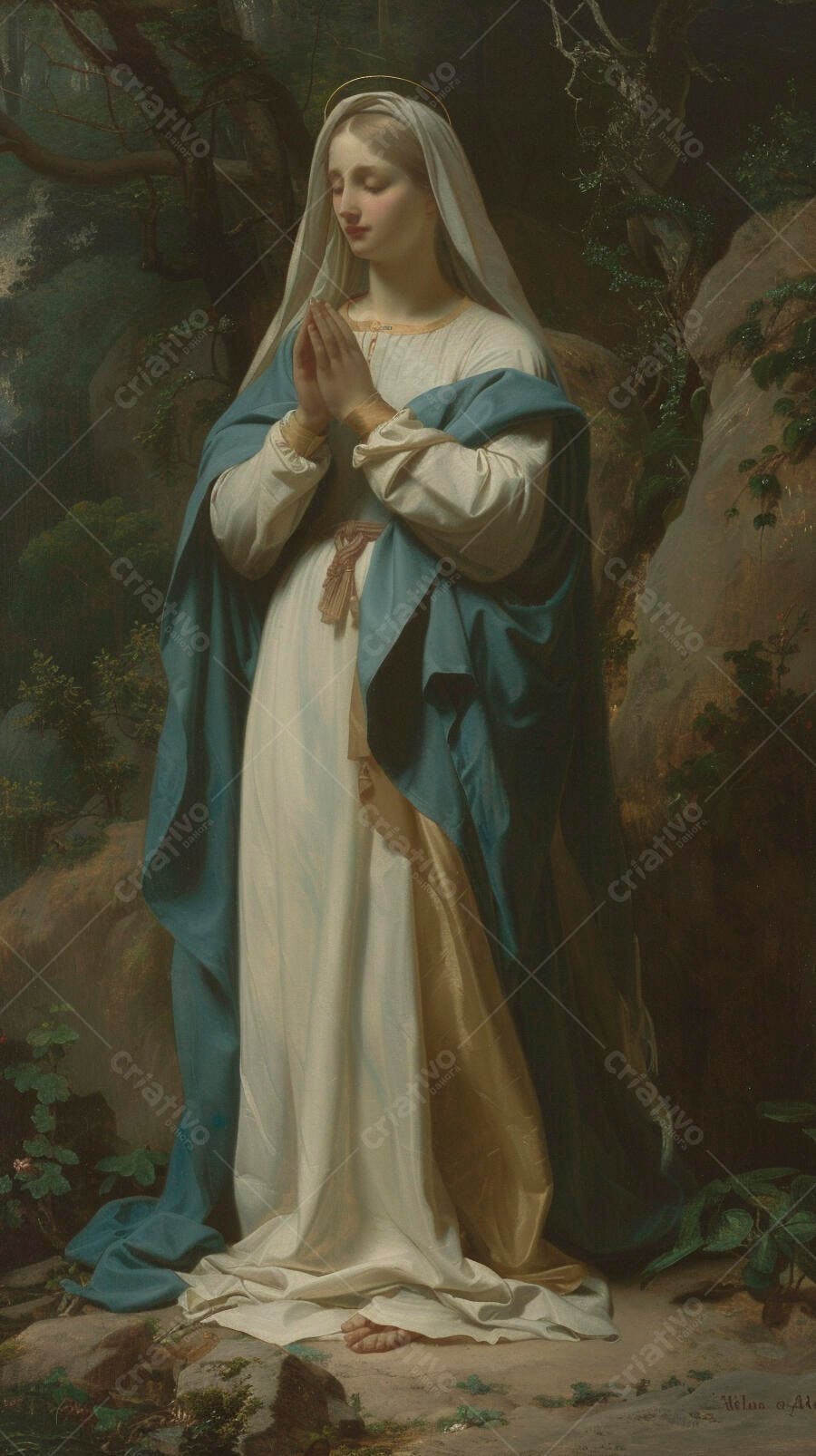 Virgem Maria orando em gruta escura com manto azul e véu branco