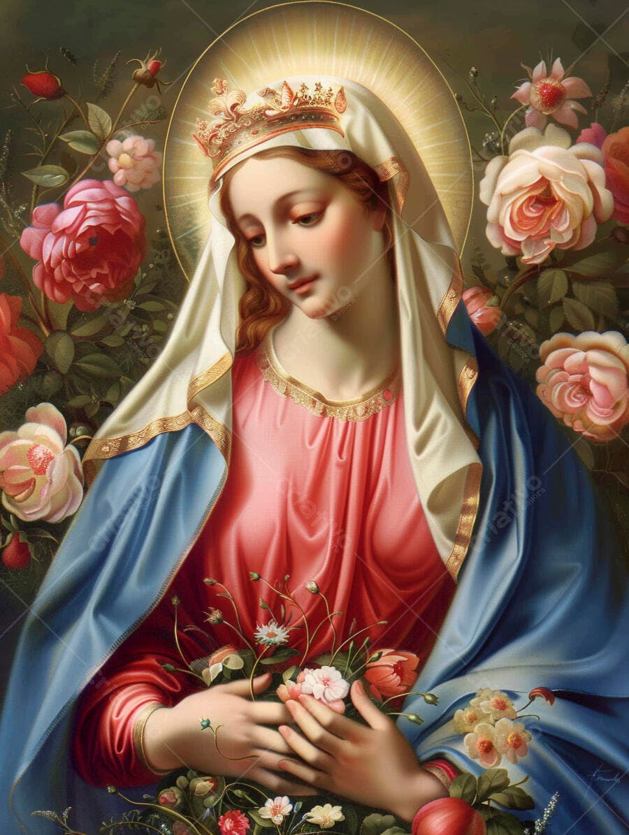 Virgem Maria com coroa dourada manto azul e vestido rosa em jardim florido