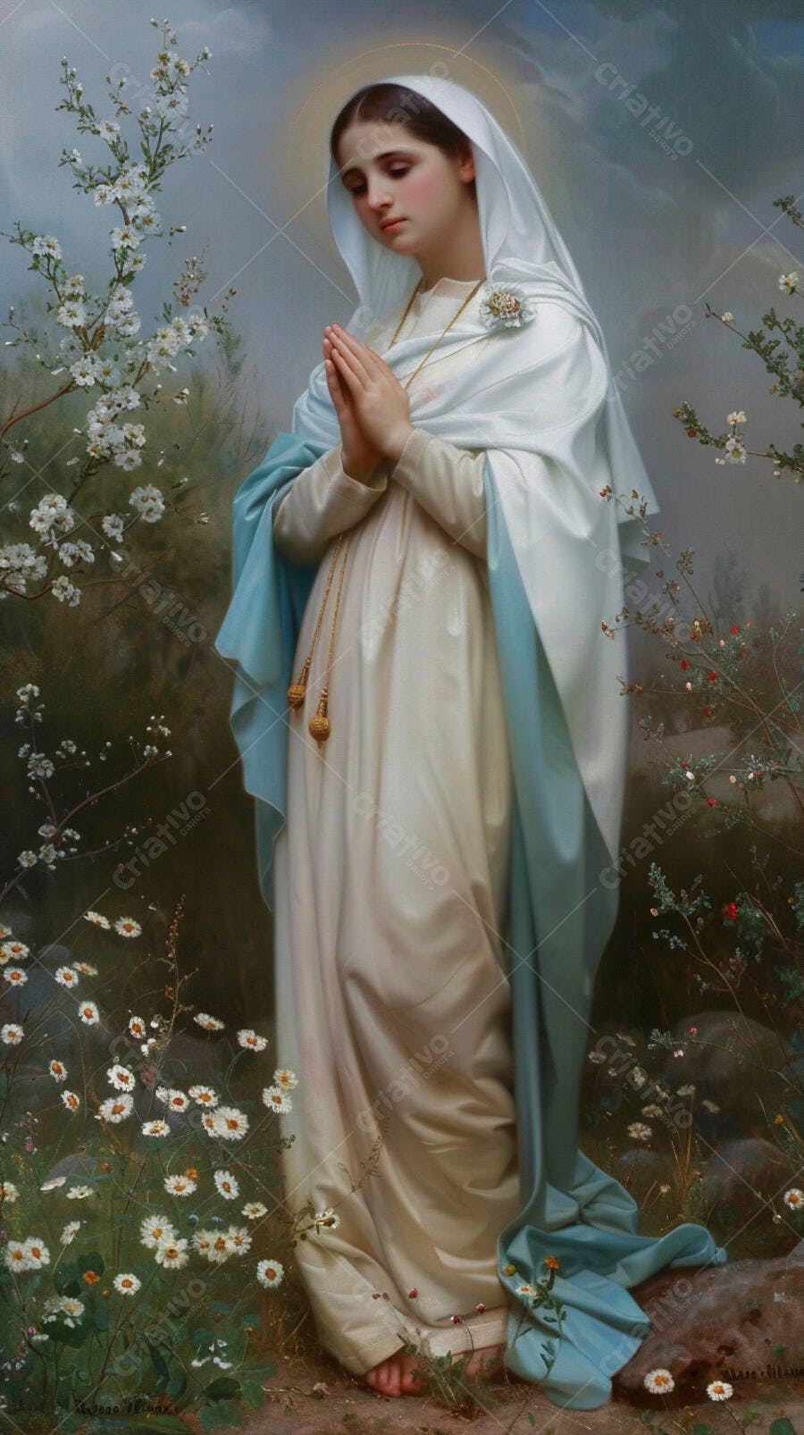 Virgem Maria jovem rezando em jardim florido com manto azul e branco
