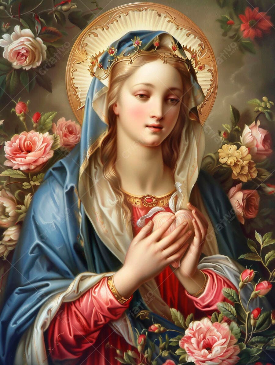 Nossa Senhora coroada segurando coração em jardim de rosas clássico