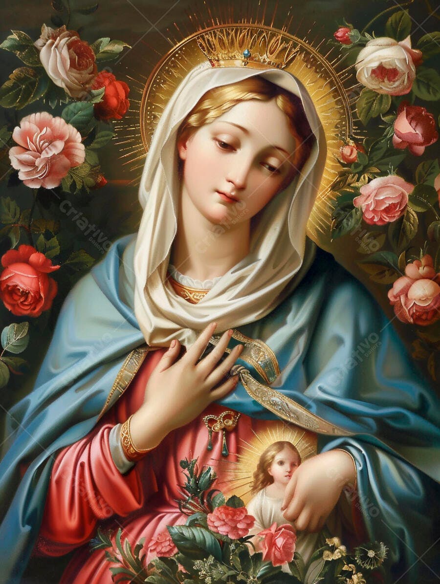 Virgem Maria com Menino Jesus vestes azuis e vermelhas cercada por rosas coroa dourada